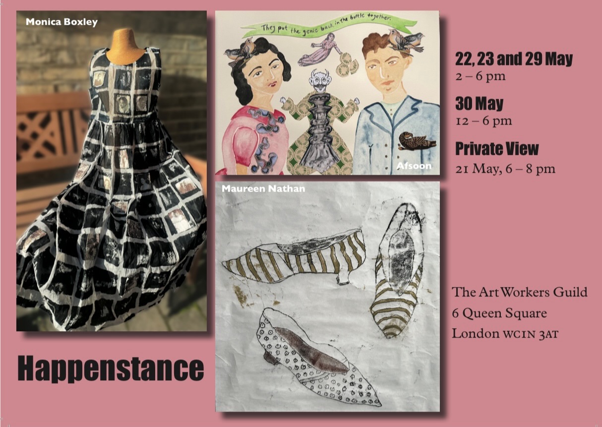 I’ve curated a show and would be happy to see you there @artworkersguild ! PV 21 May (soon!) Come and see the beautiful work made by @afsoonafsoonagain @monicaboxley_mixedmedia_art and myself. My papermade slippers are having their first outing, I’m excited! See pic for full details. #exhibition #happenstance #ceramics #paperart #printmaking