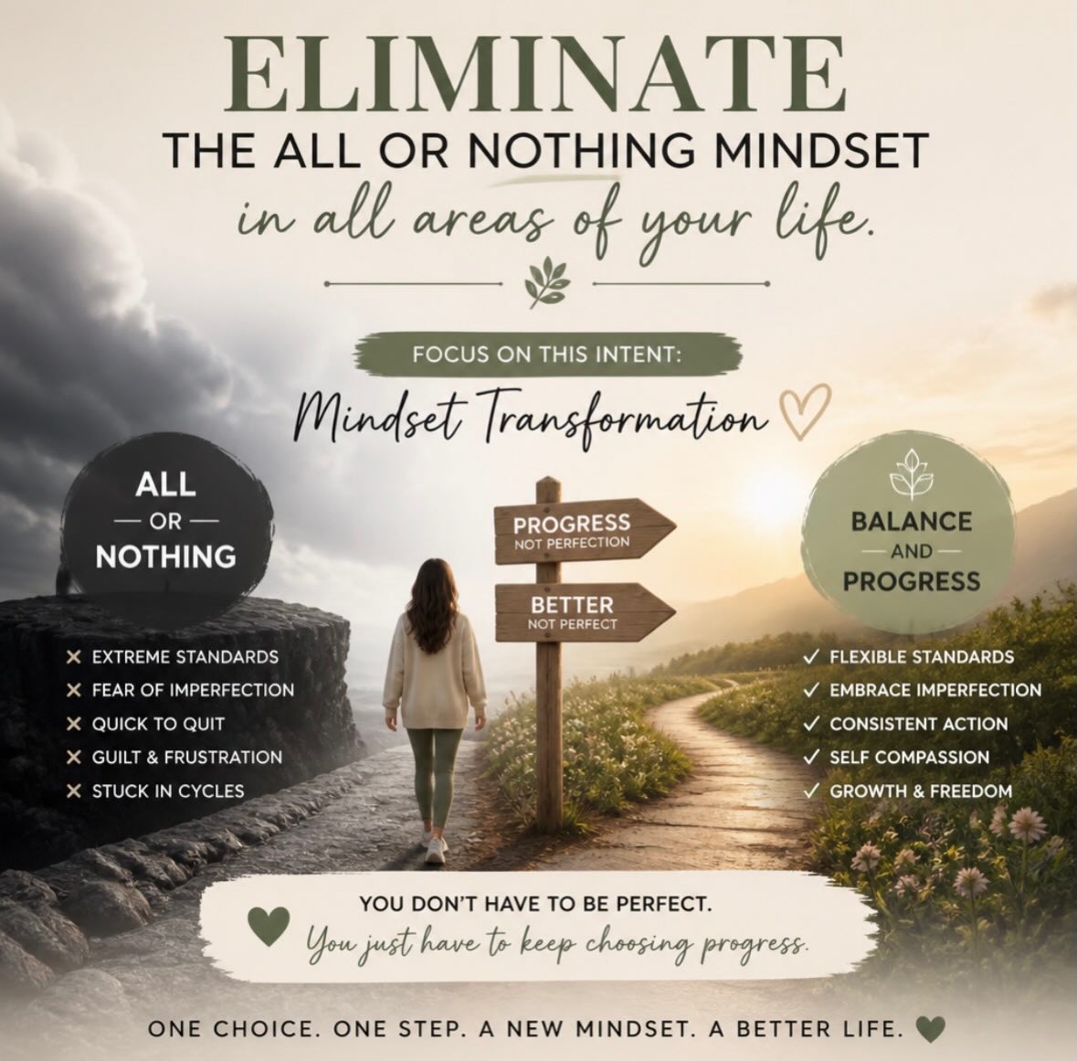 Eliminate the all‑or‑nothing mindset in every area of your life.
That mindset convinces you that if you can’t do everything, you should do nothing. It keeps you stuck, frustrated, and blind to the progress you are making.
Real growth happens in the middle spaces — the small steps, the partial wins, the consistent choices that add up over time. Give yourself permission to show up imperfectly. Choose progress over perfection.
One aligned step forward always beats waiting for the perfect moment that never comes.
If this resonates, comment below or shoot me a message — let’s talk about how you can start shifting your mindset today.