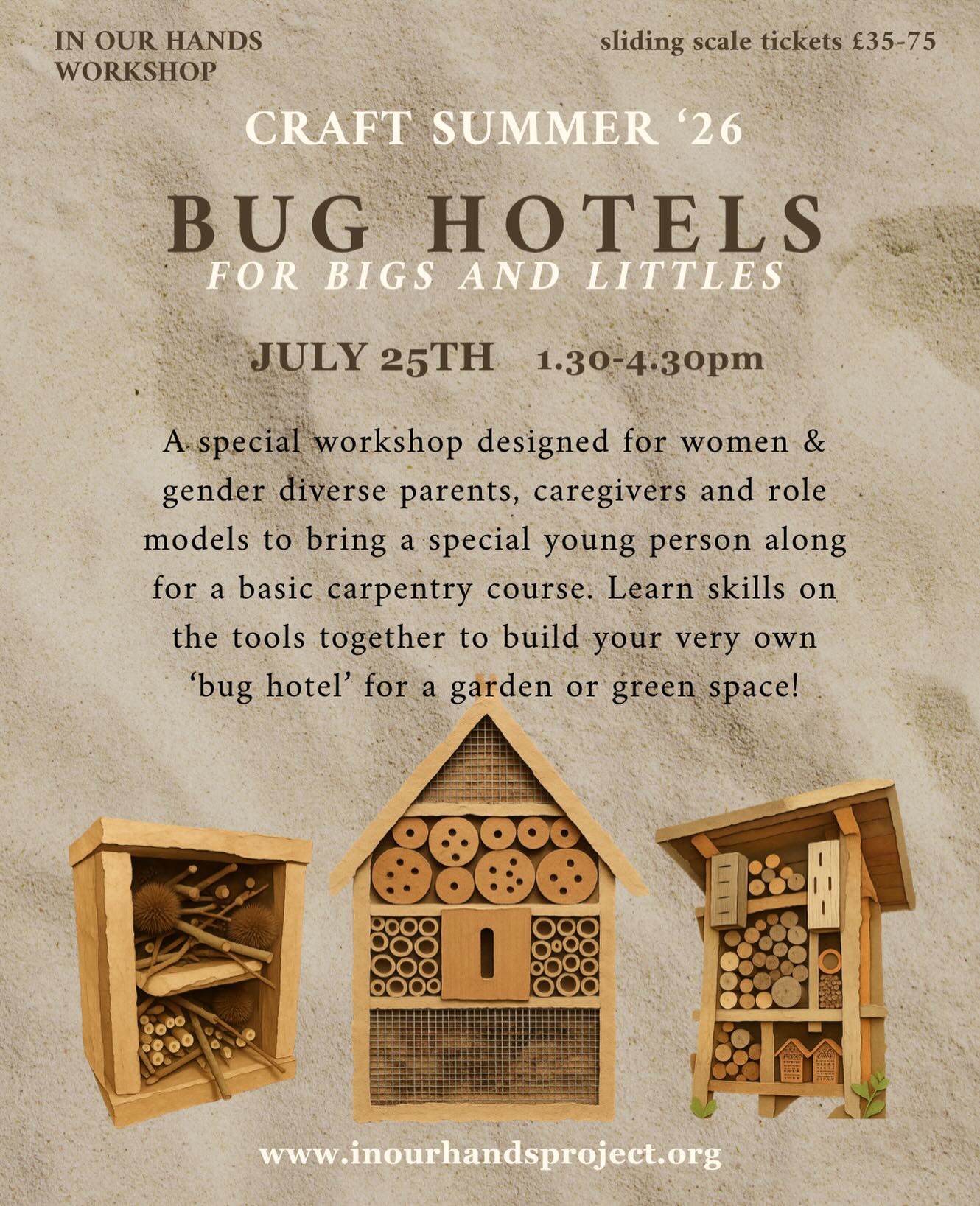 Our third release of our Craft Summer ‘26, a workshop for adults and young people! Join Georjie (she/they) to learn how to make a bug hotel!
Would you like to spend the day with a young person in your life (8-15yr old), learning empowering and creative woodworking skills together? This course will guide you both through the process of creating your own bug hotel. You will learn to use hand saws and drills, while also having the opportunity to contribute your creative ideas to the project. The session is designed to be gentle-paced with supportive facilitation, and offers the unique opportunity to set gender diverse role models around tool useage, an important messaging to your young pal!
A bug hotel is a carefully constructed structure made from natural materials such as wood, bamboo, pinecones, and stones. These habitats offer safe spaces for beneficial insects, including solitary bees, butterflies, ladybirds, and other pollinators, to nest, rest, or hibernate. Incorporating a bug hotel into your garden can help support biodiversity and contribute to a healthier outdoor ecosystem.
Link in bio or book via website!
Our non-profit craft summer school is offering our community the opportunity to learn new skills with our team of returning and new highly skilled tutors.
#carpentry #youthcarpentry #woodwork #diy #bughotel