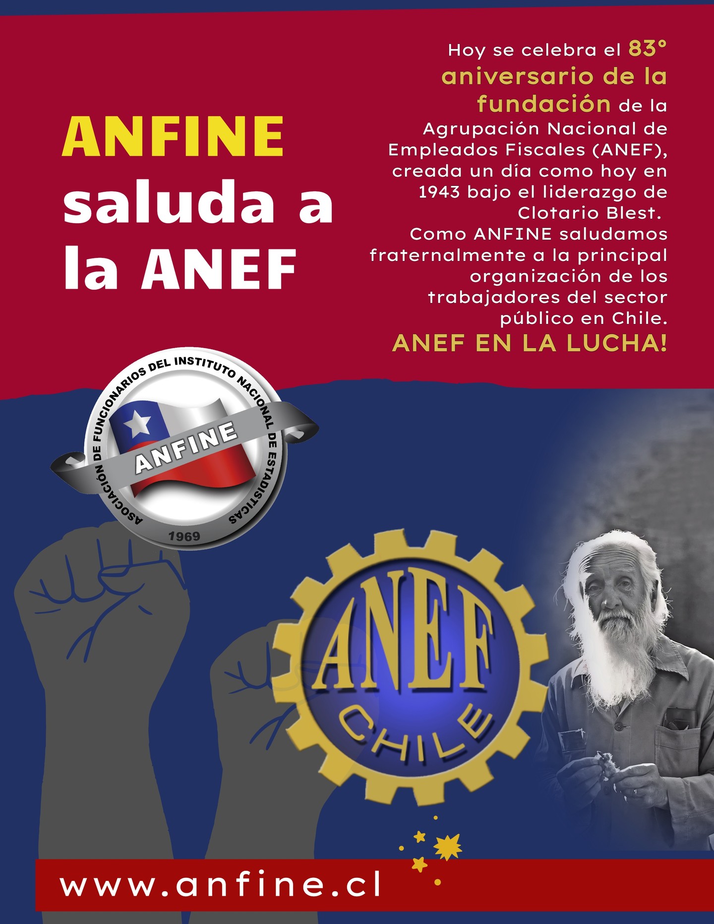 🎉 ANFINE saluda a la ANEF en sus 83 años de historia gremial
✊ Como ANFINE, enviamos un fraterno saludo a la Agrupación Nacional de Empleados Fiscales (ANEF) al conmemorar 83 años desde su fundación, bajo el liderazgo de Clotario Blest.
🤝 Reconocemos su histórica labor en la defensa de las y los trabajadores del sector público, su compromiso con la función pública y su aporte a la organización sindical en Chile.
📌 Visita www.anfine.cl
#ANFINE #ANEF #83AñosANEF #TrabajadoresPúblicos #SectorPúblico #UnidadGremial #FunciónPública