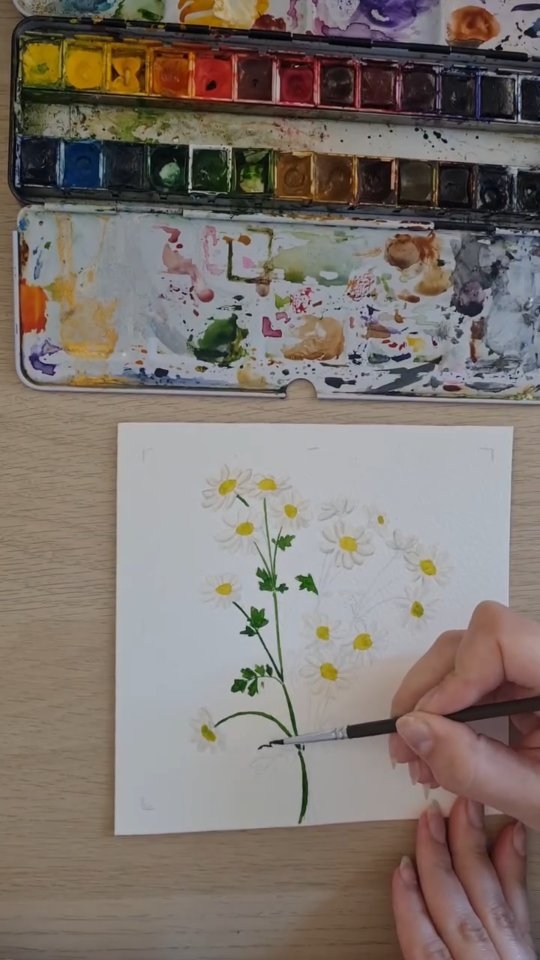 Painting daisies 🤍
Enjoying the inspiration from the outdoors, and painting spring flowers indoors while enjoying the calm of the studio.
This Daisy posy painting has sold, if you'd like some daisies painted please email me about painting commission at Herminedoublon@outlook.com. It can be to any size, frame or unframed.
#watercolourpainting #paintingcommission #botanicalillustration whimiscal daisies meadow flowers spring painting Painter's desk artist palette