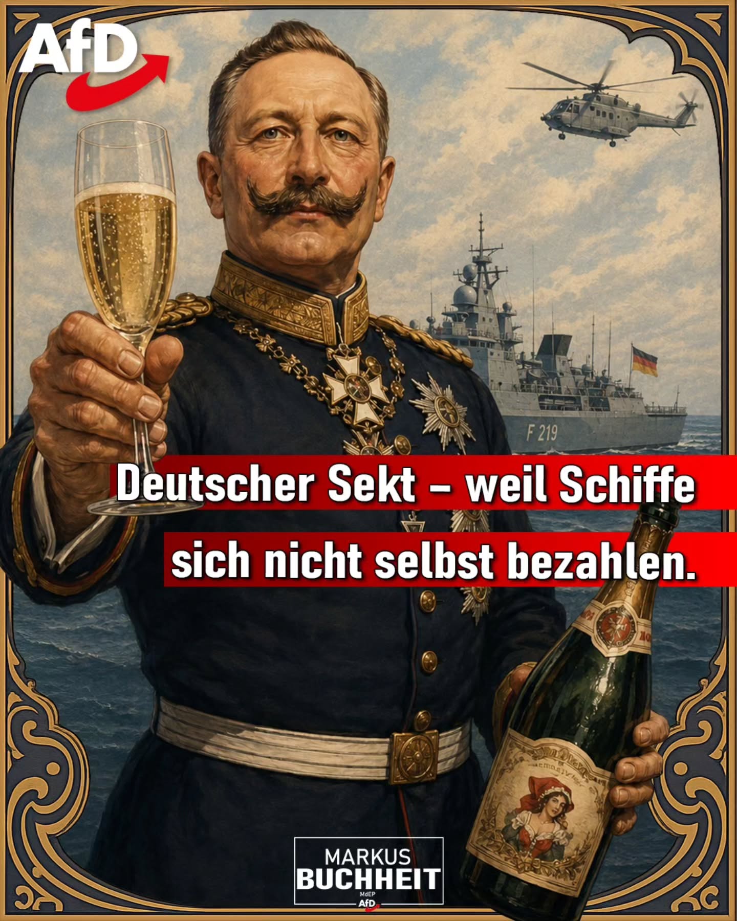 Deutscher Sekttag. Der perfekte Anlass, um sich die Politik schönzutrinken.
Und nicht vergessen: Seit 1902 unterstützt du mit jeder Flasche Sekt unsere tapferen Matrosen.
Dein Prost - Ein Hurra auf die Freiheit der Meere! 🥂🍾🫡🫡
