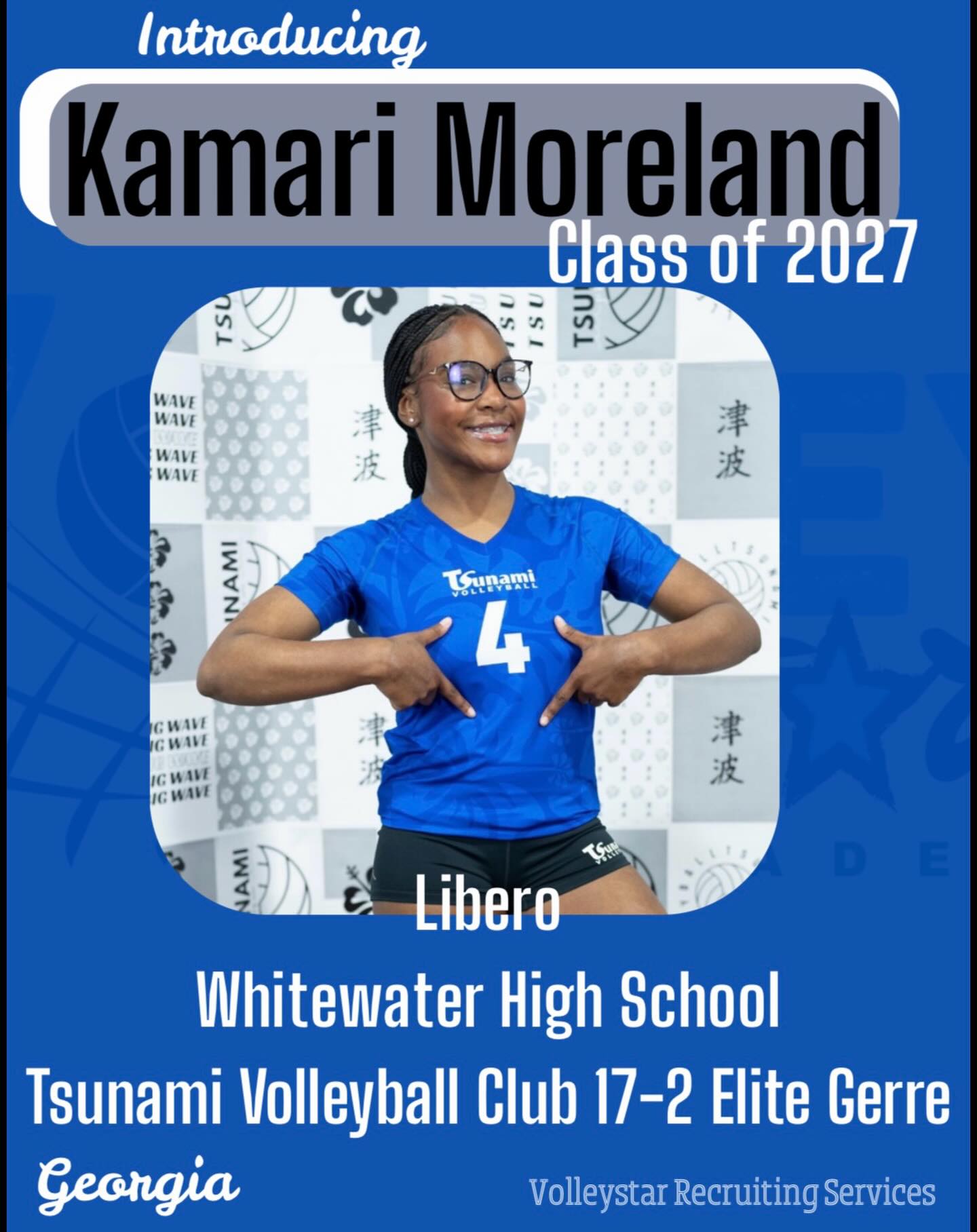 ✨INTRODUCING KAMARI MORELAND ✨
Kamari is a Class of 2027 Libero that is ALWAYS choosing to have energy, a strong court presence, and encourage her teammates. She has a great platform in serve receive, and is able to efficiently move to the ball as a passer. Defensively, she is a force - going for every ball and making solid plays on balls that are out of reach.
Kamari plays club for Tsunami South 17-2 Elite Gerre, and attends Whitewater School. In the classroom Kamari is a stellar student, amassing a total of 11 AP classes, and earning a 4.05 Weighted GPA.
We are so excited to get to work with Kamari in her recruiting journey!
Kamari, a 2025-2026 Georgia High School State Championship, is an athlete that has an impressive amount of academic and athletic accolades:
✨2025-2026 GHSA State Champion
✨2024-2025 GHSA Region Runner-up
✨3.9 Unweighted GPA and a whopping 4.05 Weighted GPA
✨11 AP Course credits by graduation
✨High Honor Roll
✨AB Honor Roll