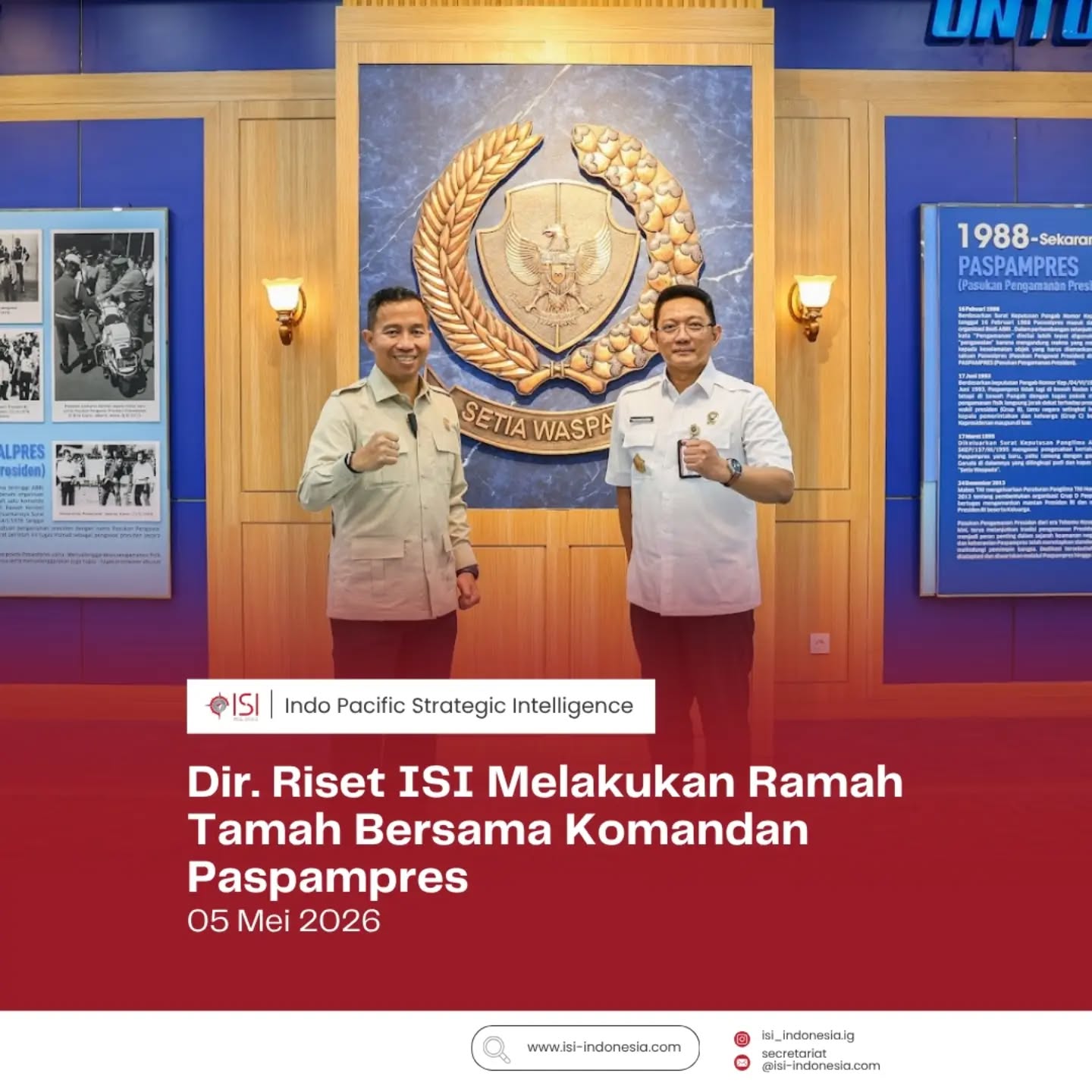 Direktur Riset ISI, Ian Montratama, menghadiri undangan Komandan Pasukan Pengamanan Presiden (Danpaspampres) dalam agenda ramah tamah dan peninjauan fasilitas baru di Markas Komando (Mako) Paspampres, pada Selasa (5/4/2026)
Kegiatan tersebut menjadi bagian dari agenda silaturahmi sekaligus diskusi ringan mengenai perkembangan isu strategis dan kelembagaan. Dalam kesempatan ini, Direktur Riset ISI juga berkesempatan meninjau sejumlah fasilitas baru di lingkungan Mako Paspampres.
Pertemuan berlangsung secara informal dan menjadi ruang pertukaran pandangan terkait dinamika keamanan serta tantangan strategis yang berkembang saat ini. Selain itu, peninjauan fasilitas dilakukan untuk melihat pengembangan sarana pendukung operasional di lingkungan Paspampres.
Melalui agenda ini, diharapkan komunikasi dan hubungan antarlembaga dapat terus terjaga dengan baik.
#TahuISI #Indonesia #Paspampres #IndoPacific