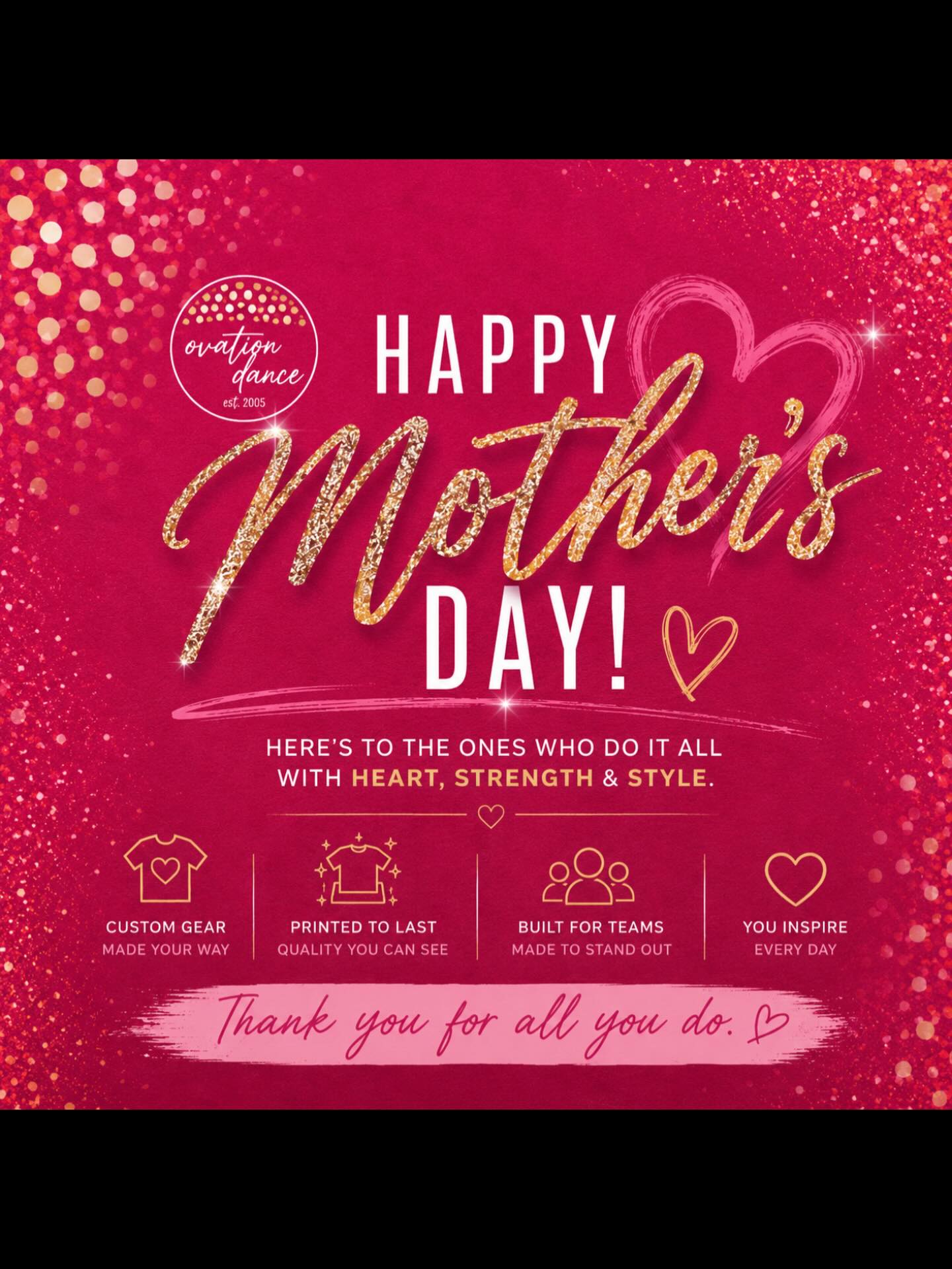 Moms hold it all together — the team schedules, the sidelines, the spirit, the support… all of it. 💖✨
Today we’re celebrating the women behind the scenes doing it all with heart, strength & style.
Happy Mother’s Day from Ovation Dance! 🌸