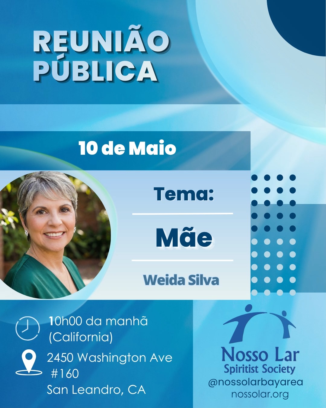 Nesse próximo domingo, dia 10 de Maio às 10 horas (horário da Califórnia), te convidamos para a nossa próxima palestra pública na 2450 Washington Ave, Suite 160, San Leandro, CA.
Nossa amiga @weidaps nos convida a refletir na palestra "Mãe."
Lembramos que também contaremos com um espaço para as crianças, com atividades de evangelização . Esperamos você presencialmente!
Por favor, note que a porta da frente permanecerá aberta até às 10h15 . Depois disso, siga as instruções na porta para ter acesso ao prédio.
Atenciosamente ,
A Direção