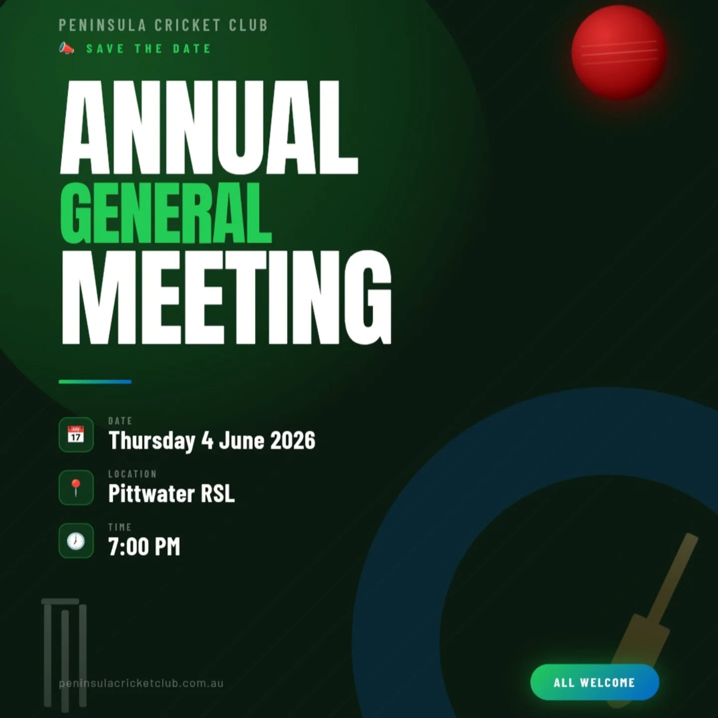🏏 PENINSULA CRICKET CLUB — AGM 2026
Thursday 4 June | Pittwater RSL | 7pm
We're growing — and we need YOU.
This season we've built out a stack of microvolunteering roles: small, flexible commitments that make a BIG difference to our kids and club. No experience needed. No massive time ask. Just good people showing up.
Come find out how you can get involved, meet the committee, and help shape the club's future.
👉 See you there.
#peninsulacricketclub
#pittwaterrsl