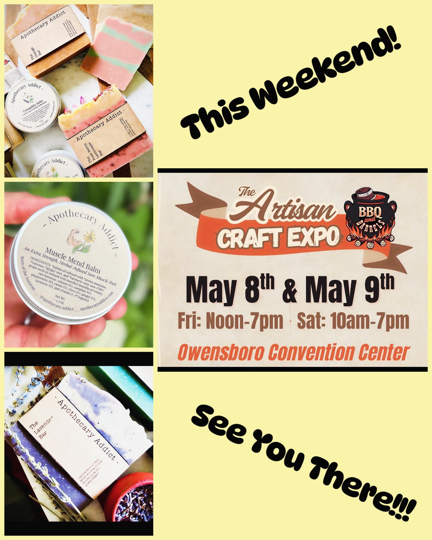 🆒✨ EVENT ANNOUNCEMENT @apothecary.addict ✨🆒
I’m so excited to announce that I’ll be joining the ✨Artisan Craft Expo at BBQ & Barrels✨ in Owensboro, Kentucky THIS WEEKEND — and I’ll be there BOTH Friday & Saturday! 🛍️🕯️🧼🌿
Come shop handmade goods, artisan creations, custom food vendors, and all kinds of beautiful small business treasures — all indoors this year at the Owensboro Convention Center! 💫
Whether you’re treating yourself or searching for the perfect Mother’s Day gift, this is going to be such a fun weekend full of creativity, good energy, and amazing makers. 💐
📍 EVENT DETAILS:
• Owensboro Convention Center — Owensboro, KY
• FREE Admission
• Booth #316 ✨
• Friday, May 8 | Noon–7PM
• Saturday, May 9 | 10AM–7PM
🛍️ 🌿✨👋🌸 WHAT TO EXPECT AT MY BOOTH:
• Handcrafted botanical skincare
• Artisan soaps & body care
• Herbal self-care favorites
• Beautiful gift-worthy goodies
• A cozy apothecary shopping experience 🌿
If you’re local (or nearby!), come spend the day exploring, eating, shopping, and supporting handmade artists & makers. I would absolutely LOVE to see you there! 🤍✨
#ArtisanCraftExpo #BBQandBarrels #OwensboroKY #ShopHandmade