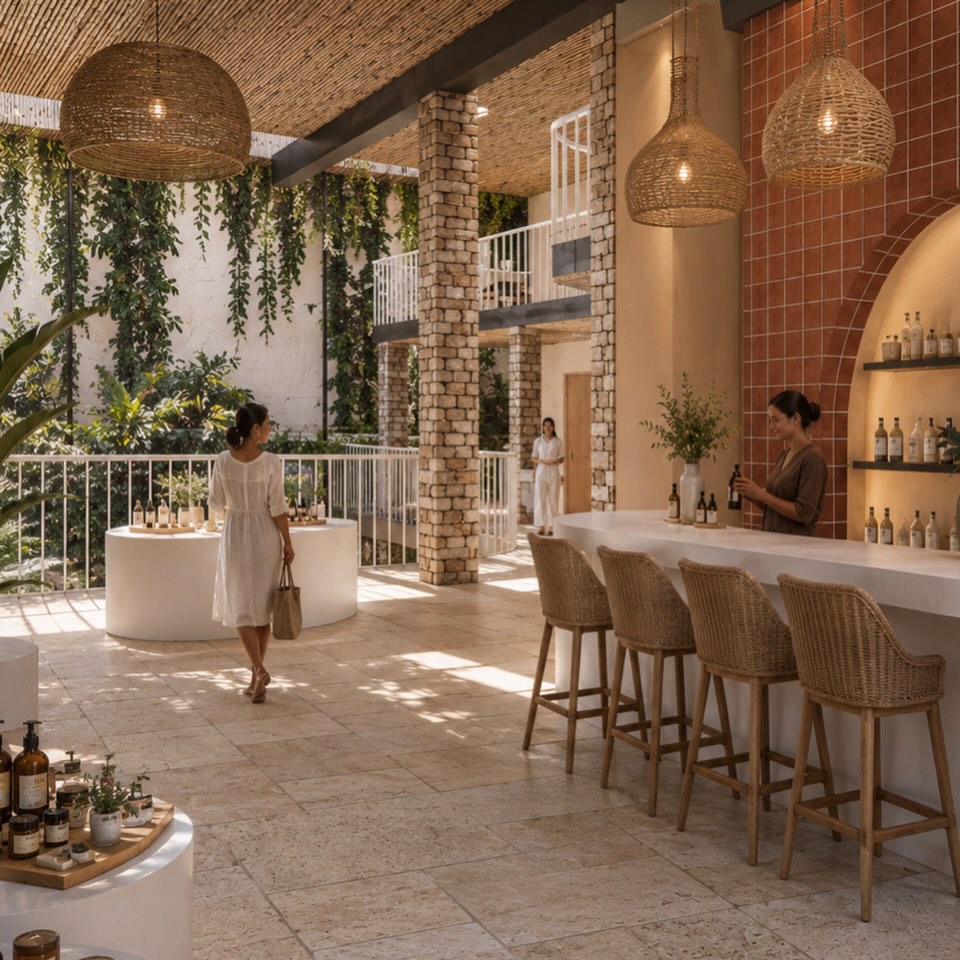 Flagship store of a cosmetic retailer which I design in a Mediterranean style as a spa in a relaxing - Oasis feel. #storedesign #londondesign #interiordesign #meditrraneanstyle