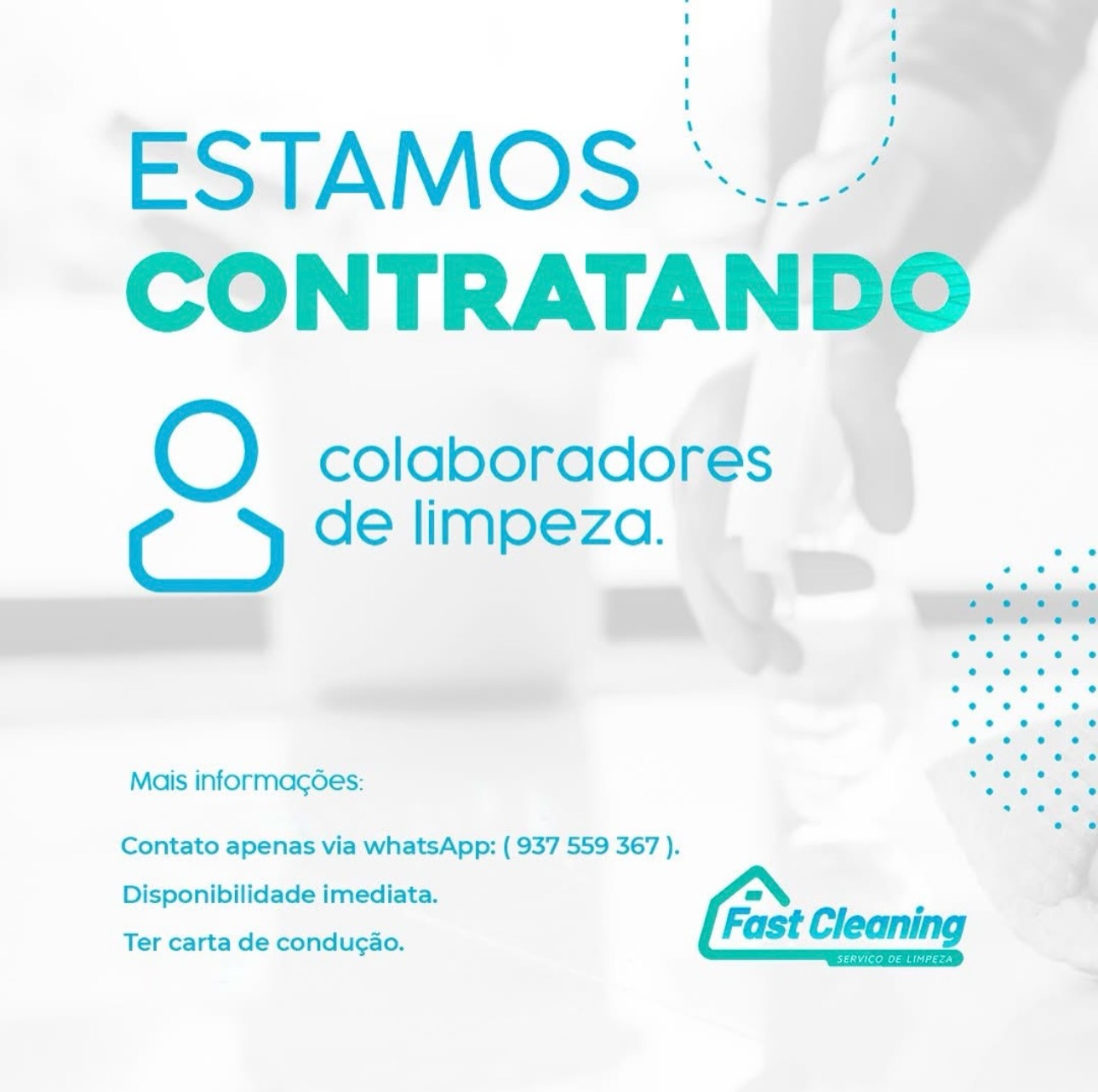 Contrata-se com entrada imediata.
Necessário ter carta de condução pois terá que conduzir carro da empresa.
Contato urgente para: 937 559 367 .