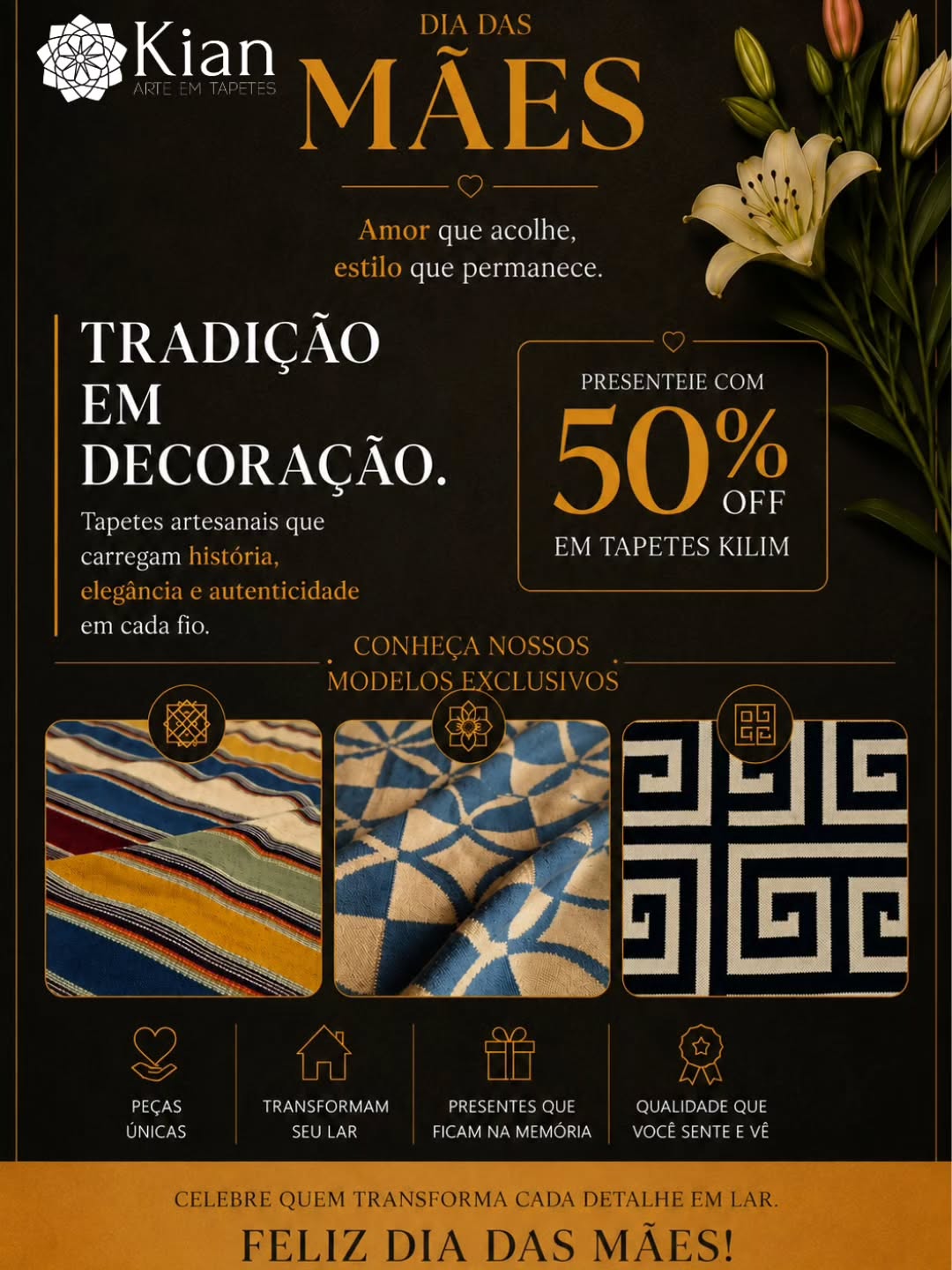 ✨ Dia das Mães na Kian Tapetes ✨
Neste Dia das Mães, presenteie com beleza, aconchego e história. ❤️
Os nossos tapetes Kilim estão com até 50% OFF por tempo limitado!
Peças únicas, cheias de personalidade e perfeitas para transformar qualquer ambiente.
Porque mãe merece um lar tão especial quanto ela. 🌷
Venha escolher o seu na Kian Tapetes
-
#diadasmães #kiantapetes #tapetekilim #decoração #designdeinteriores