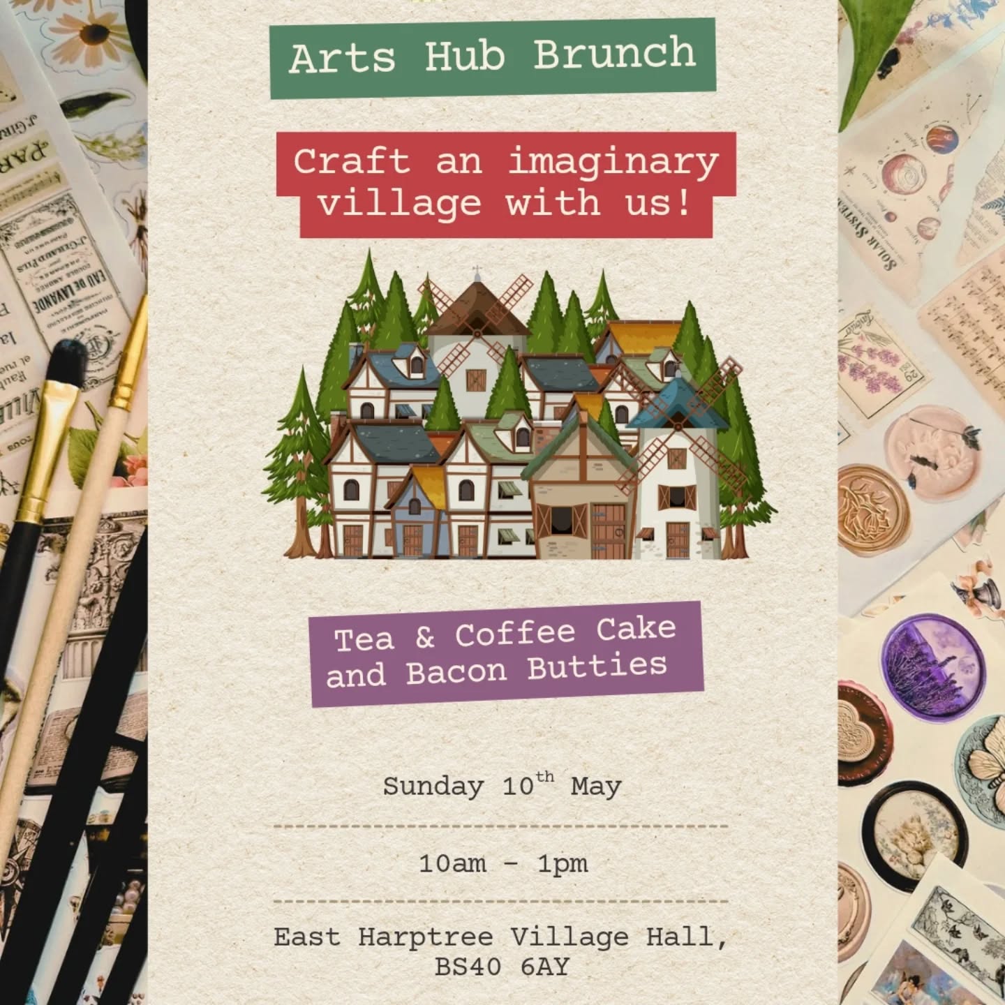 🎨🏘️THIS SUNDAY!!! Brunch welcoming artists Ali Brown and Jasmine Smail to the Arts Hub. The artists will be running a collaborative workshop making an imaginary village out of cardboard and scrap materials, collage and paint pens. Come and get involved!
Free drop in workshop that is family friendly and for all ages
Tea, coffee, home made cake and bacon butties
10th May 10am-1pm at East Harptree Village Hall (upstairs)