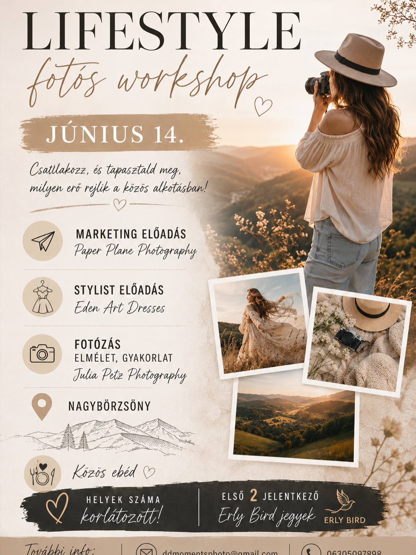 Ha eddig lifestyle fotós workshopot kerestél, de nem találtál, most jó helyen jársz. Mi egy igazán különleges programot álmodtunk meg, és meg is valósítjuk. 🎉
Ha egy nő valamit kitalál, az már önmagában elég, de ha négyen összefogunk, abból születik igazán különleges dolog.🤩
Ez egy egésznapos workshop, amit mi gondosan megterveztünk. A program délelőtt egy marketing előadással indul, majd közös ebéd után délután a stylist előadása következik, és végül fotós oktatás és gyakorlati fotózás.
Az esemény fő szervezői:
@paper_plane_photography marketing szemléletű fotós
@juliapetzphotography mentor és fotós oktató
@eden_art_dresses stylist és bohém stílusú látványruha tervező
@dd_moments_photo fotós, szervező
📍A workshop időpontja: 2026. június 14., helyszín: Nagybörzsöny.
💥Fontos, hogy a helyek száma korlátozott, ezért érdemes minél hamarabb jelentkezni. Várunk szeretettel, hogy együtt fedezzük fel a kreativitás és a fotózás világát!
❤️Early bird jegyek az első 2 jelentkezőnek!
🎉További infók és jelentkezés:
https://facebook.com/events/s/lifestyle-fotos-workshop/1864811834206490/
Jelentkezni: ddmomentsphoto@gmail.com
#fotosworkshop #lifestyleworkshop #lifestylefotózás