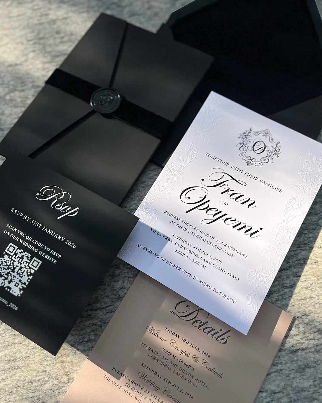 Black. White. Wax-sealed. Timeless.
Every detail of Fran & Opeyemi’s invitation suite was crafted to set the tone before a single guest arrived. Lake Como wouldn’t have it any other way.
Swipe through this lovely wedding suite, and then let’s talk about yours. Contact us: info@thecardco.ae
#TheCardCo #DIFC #BespokeInvitations #Weddings