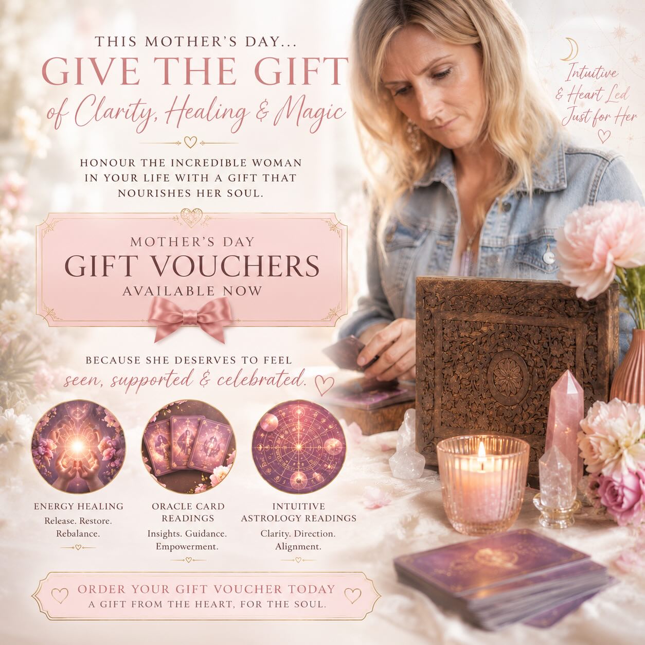 Looking for a unique gift for Mum? Gift vouchers available. Online and in-person sessions. #mothersdaygiftideas #themoontheseerandtheoracle #intuitiveastrology #oraclecards #reikimasterteacher @be_moore_you