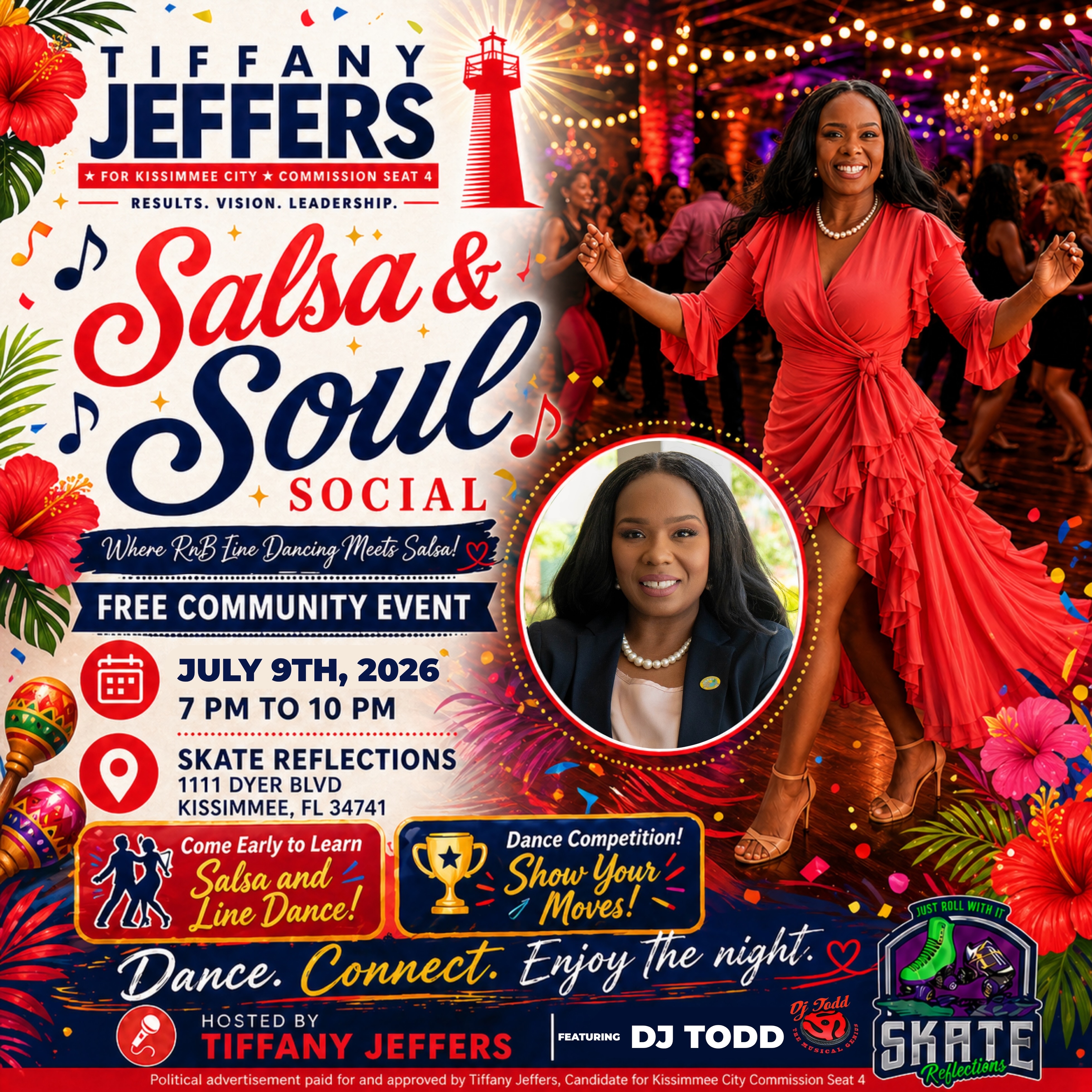 Y’all, this is going to be FUN 🩷
I’m so excited to invite you to Salsa & Soul Social, a FREE community event on Thursday, July 9th from 7 PM to 10 PM at Skate Reflections in Kissimmee!
A huge thank you to Chris and Kari Lockett for sponsoring this event and for all they do for our community. Their support means so much, and I’m grateful for the way they continue to show up for Kissimmee.
Get ready for a whole vibe:
• DJ Todd on the 1’s and 2’s
• A LIVE band
• Salsa lessons
• Line dancing classes with acclaimed line dancer Monique
• A dance contest where you can show your moves
• VIP options available
A TIME will be had, and I want you there.
This event is FREE, but you MUST register. Come early, bring your people, and sign up for salsa and line dancing lessons.
Register now: JeffersForKissimmee.com/salsasoul
Let’s turn up, Kissimmee 🩷
Political advertisement paid for and approved by Tiffany Jeffers, Candidate for Kissimmee City Commission Seat 4