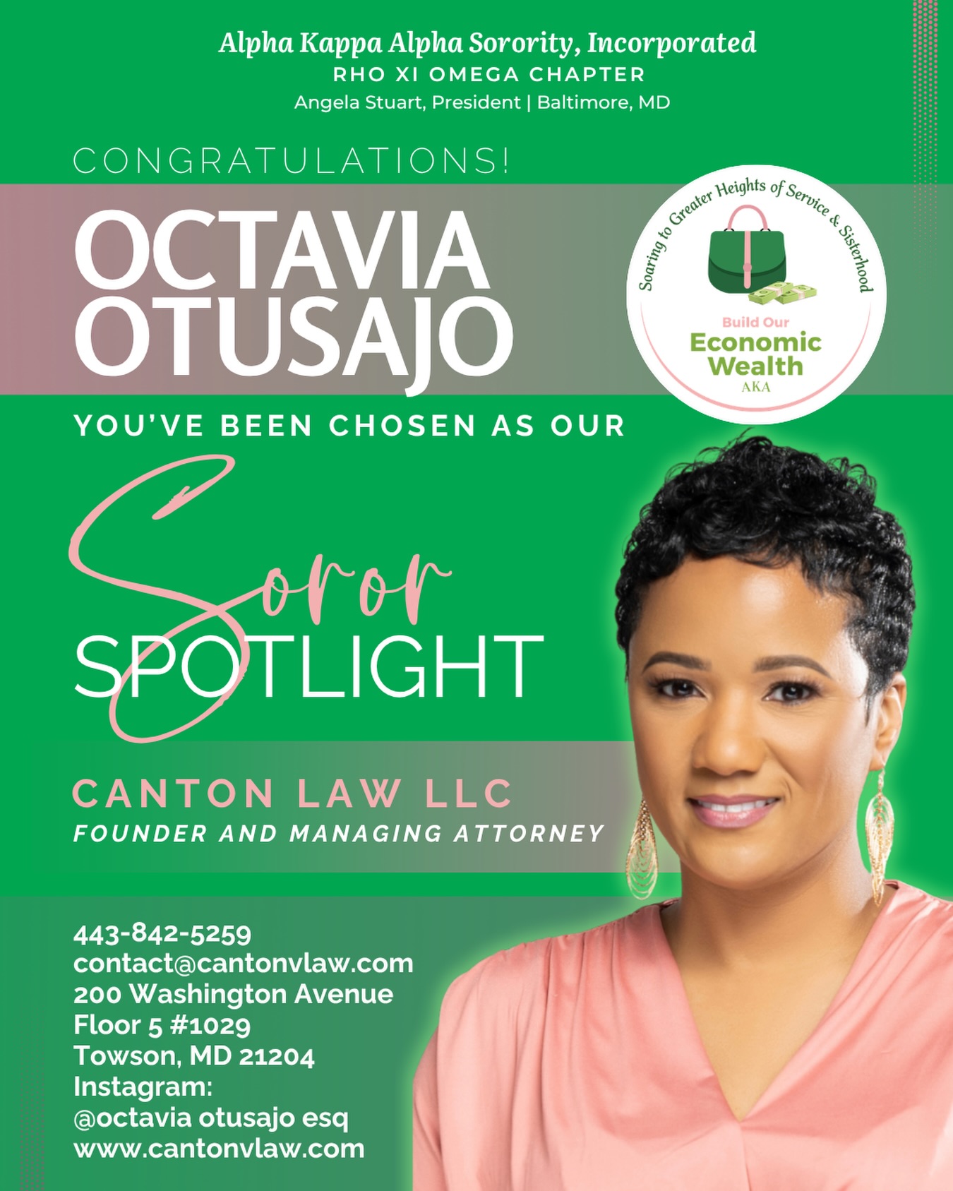 โจ The Build Our Economic Wealth Committee is proud to spotlight one of our very own Rho Xi Omega Chapter member, Attorney Octavia Otusajo, Founder & Managing Attorney of Canton Law, LLC. โ๏ธ๐ผ
Based in Maryland, Canton Law serves clients in business law, estate planning, asset protection, trademark, and copyright matters. Through her work, Octavia helps business owners, families, and women entrepreneurs protect what theyโve built, preserve their assets, and create lasting legacies with confidence and peace of mind. โจ
Her warm, strategic, and practical approach continues to make a meaningful impact throughout our community and beyond. We celebrate the incredible work she is doing to empower and protect businesses, families, and future generations. ๐๐
Please join us in supporting Soror Octavia and the amazing work she continues to do! ๐๐พ
#AKA1908 #RXO1988 #BuildEconomicWealth #BlackWomenInBusiness #EstatePlanning BusinessLaw WomenEntrepreneurs BlackExcellence
