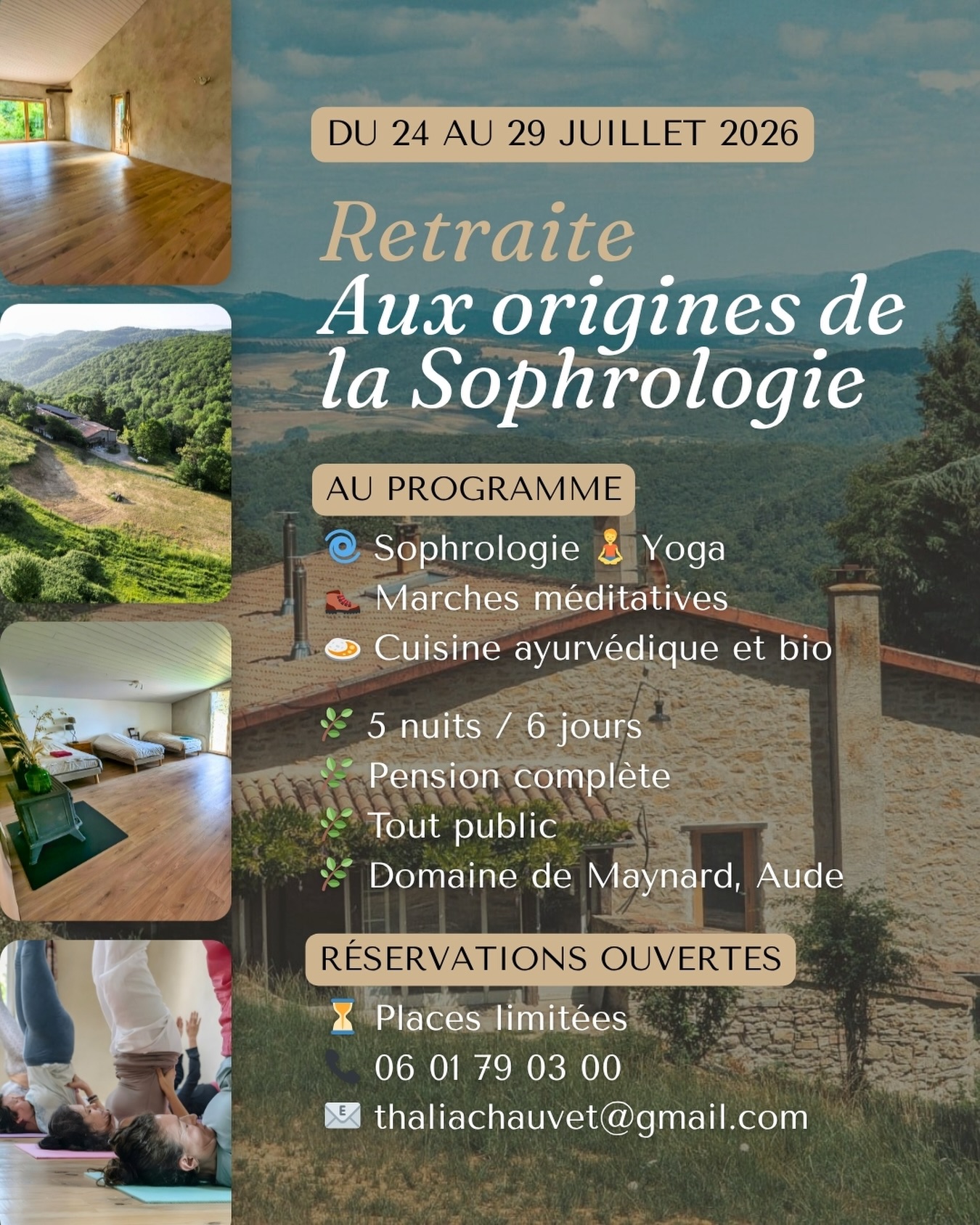 Sofronicia vous invite à vivre « Aux origines de la Sophrologie ». Une retraite de 5 jours au cœur de la nature occitane, du 24 au 29 juillet 2026, au Domaine de Maynard dans l’Aude.
Lors de cette parenthèse en milieu naturel, nous remonterons aux origines de la sophrologie. La rencontre des pratiques primordiales de la sophrologie avec les techniques ancestrales du yoga nous permettra de comprendre la démarche du Professeur Alfonso Caycédo et de vivre la genèse de la sophrologie.
Un parcours en 5 jours, ponctué de pratiques et d’échanges philosophiques pour le dévoilement de notre conscience et de ses potentialités.
Au programme :
🌀 Sophrologie caycédienne et échanges philosophiques
🧘 Yoga traditionnel
🥾 Marches méditatives en pleine nature
🍽️ Cuisine ayurvédique issue du potager
Avec Yoann Berteotti (sophrologue, directeur de Sofronicia) et Yotham Baranes (professeur de yoga, @Yotham.yoga.Maynard)
📍 Domaine de Maynard - Aude, Occitanie
🗓 24 au 29 juillet 2026 - 5 nuits / 6 jours
💶 1 150€ pension complète incluse
👥 Places limitées - réservations ouvertes
Pour plus d’informations et inscriptions :
📞 Thalia - 06 01 79 03 00
📧 thaliachauvet@gmail.com
🌐 sofronicia.com
#retraitesophrologie #retraiteyoga #sophrologie