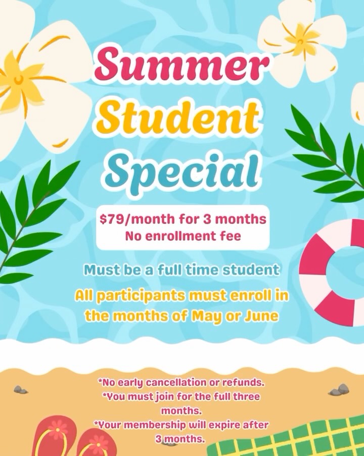 If you haven’t heard we’re running a Summer Student Special during May and June! ☀️
As a full-time student you’ll have access to our club for $79/month for 3 months with no enrollment fee!
Just a heads up you must enroll either in May or June, and you must join for the full 3 months! 🌴
.
.
.
#sale #summersale #gym #santacruz #scottsvalley