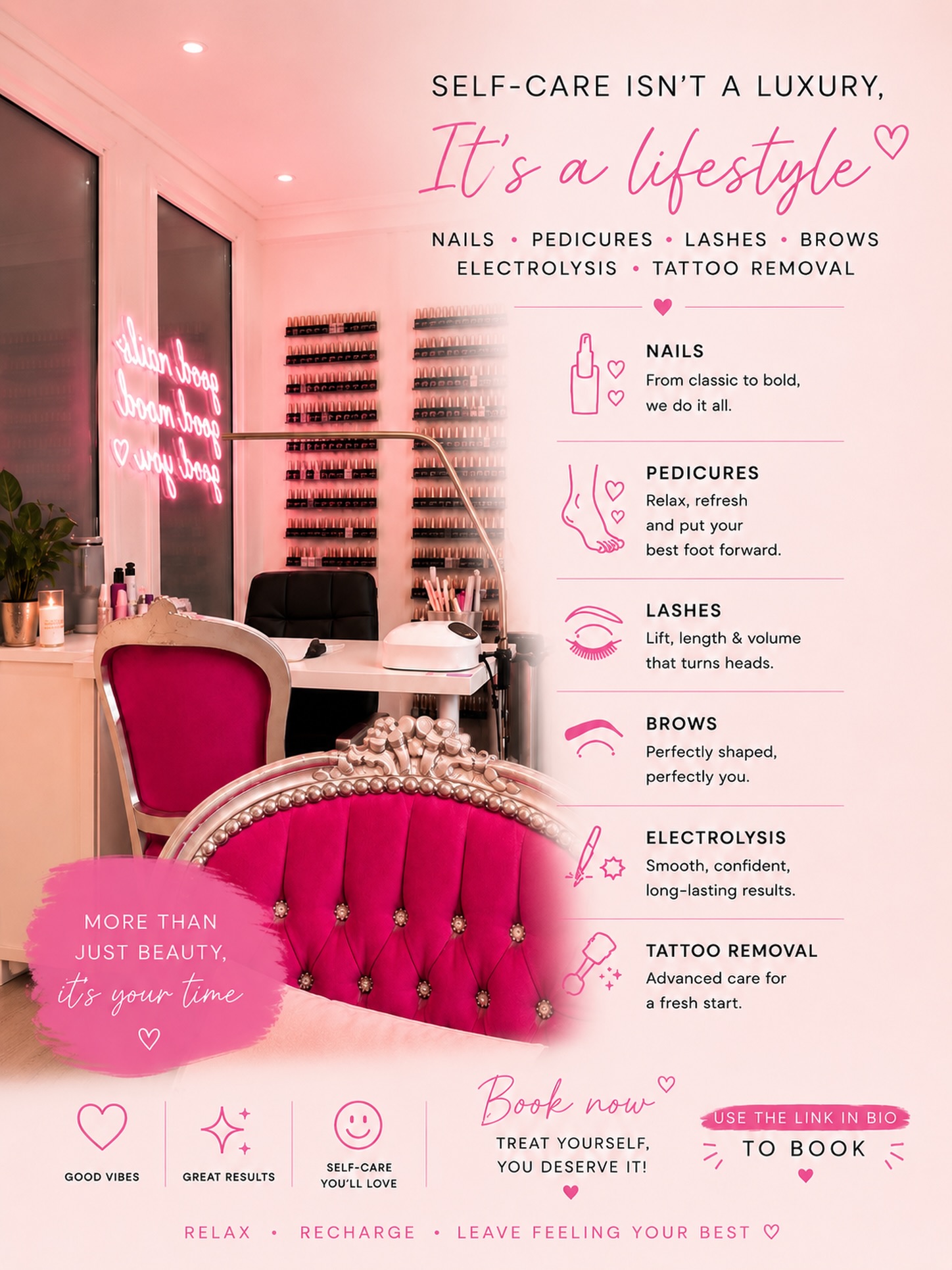 More than just appointments… it’s your time to relax, reset & feel your best ✨💖
From nails and lashes to brows, pedicures, electrolysis & tattoo removal … we’ve got your self-care covered 🫶
Your glow-up starts here ✨
Book now via the link in bio 💕