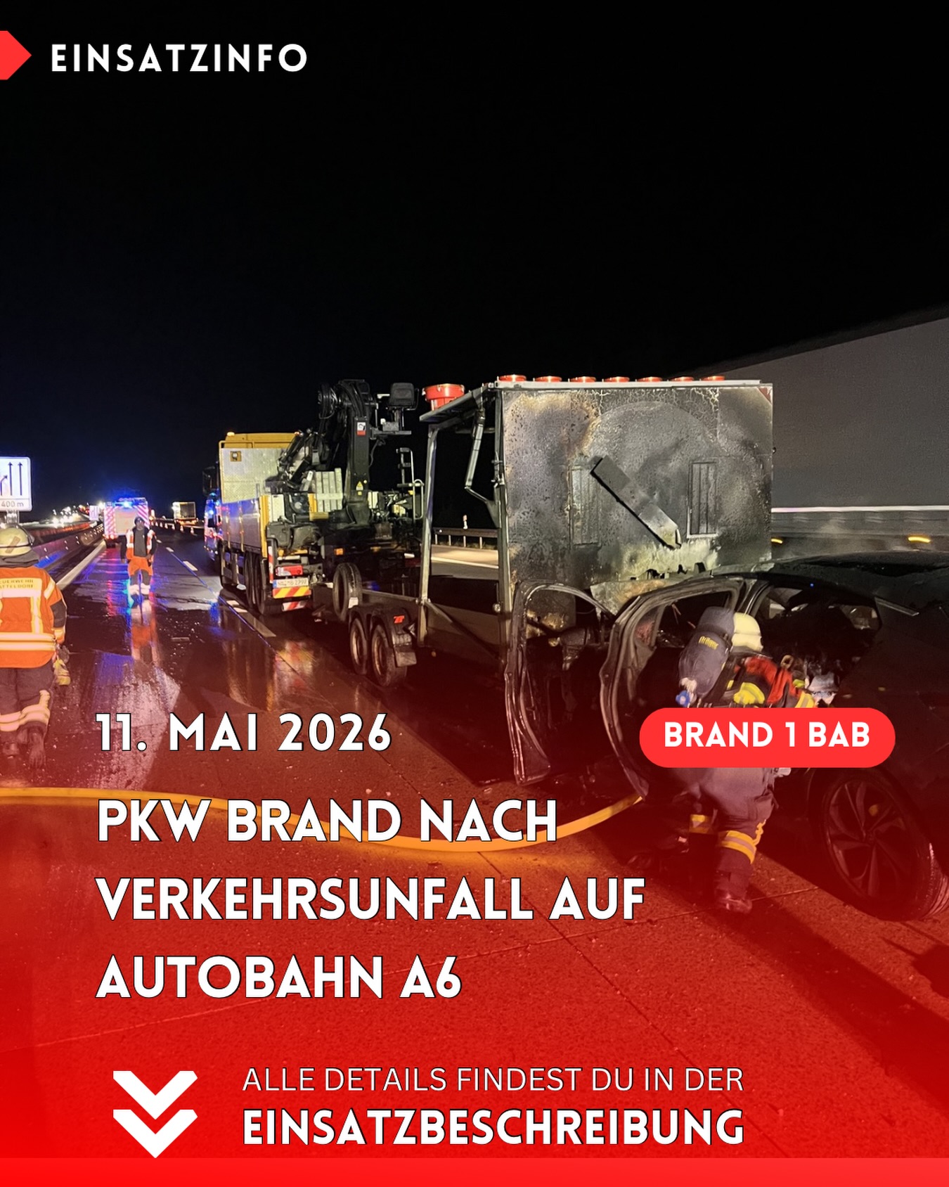 PKW Brand 🚨11.05.2026
Die Feuerwehren Crailsheim und Satteldorf wurden am Montag gegen 23:05 Uhr zu einem PKW Brand nach einem Verkehrsunfall im Baustellenbereich auf die Autobahn A6 in Fahrtrichtung Mannheim alarmiert 🚗🔥
Da der Unfallort an der Landesgrenze zu Bayern lag wurde durch die @leitstelle.sha ebenfalls die Feuerwehr Schnelldorf sowie der Rettungsdienst alarmiert 🚒🚑
Der Brand wurde durch die Kollegen der @feuerwehrschnelldorf gelöscht und die verletze Person durch den Rettungsdienst versorgt. Für unsere Einsatzkräfte aus Baden-Württemberg war der Einsatz nach rund 30 Minuten beendet 🧑🚒🧯
Vielen Dank für die gute Zusammenarbeit.
Lasst gerne ein ❤️ als Dankeschön für unsere ehrenamtlichen Einsatzkräfte da.
#news #feuerwehreinsatz #satteldorf #feuerwehrsatteldorf #SicherheitsgeberFürSatteldorf