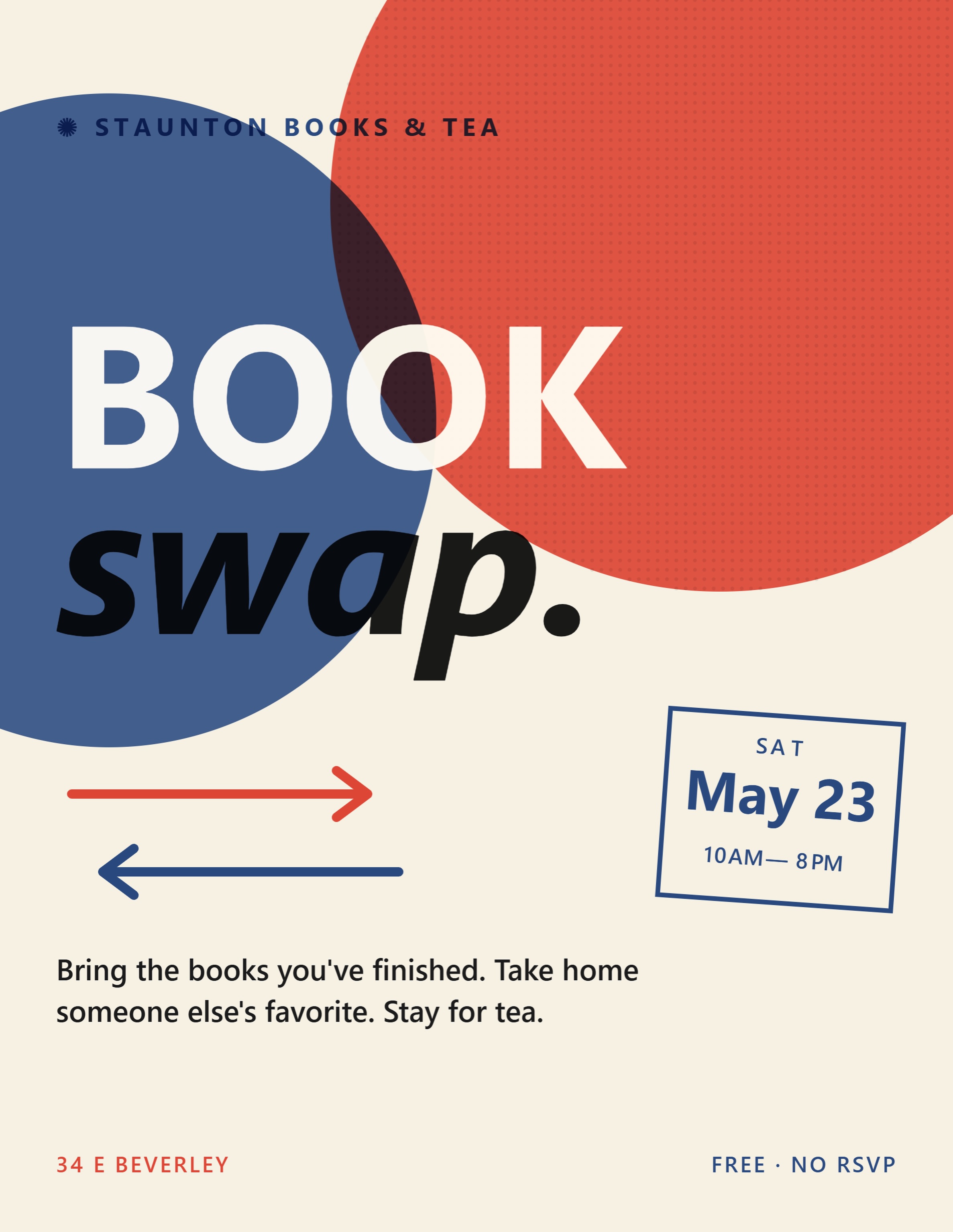 There’s something magical about a book finding its next reader. ✨
This Saturday, May 23, we’re setting up a free book swap table right outside our shop (inside if rain). All day long, from 10am to 8pm. Bring a book or two from your shelves, leave them for someone else, and take home something that’s been waiting for you.
No catch. No cost. Just good books, good people, and a reason to linger on Beverley Street a little longer.
Come browse. Come stay. We’ll have the tea ready. ☕📖
📍 Staunton Books & Tea · 34 E Beverley St
#StauntonBooks #BookSwap #StauntonVA #BookCommunity #IndieBookshop