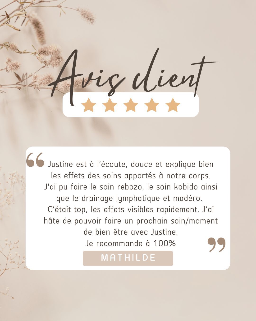 Votre avis compte pour moi ❤️
Merci Clémentine pour ta confiance et pour ces mots qui me touchent profondément ✨
Chaque retour est précieux et me rappelle pourquoi j’aime tant accompagner, prendre soin et créer ces moments de douceur 🌿
Votre ressenti est la plus belle des récompenses 🤍
#aviscliente #temoignage #retourclient #bienetre #momentpoursoi #confiance #douceur #accompagnement #merci