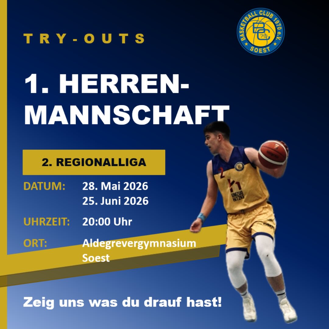 🏀 TRY OUT – 1. HERRENMANNSCHAFT
Wir suchen für die kommende Saison 2026/27 Verstärkung für unsere 1. Herrenmannschaft in der 2. Regionalliga.
Du bist ehrgeizig, willst dich mit starken Gegnern messen und weißt, was es bedeutet, als Mannschaft aufzutreten? Dann bist du bei uns richtig.
📅 28. Mai 2026 – ab 20:00 Uhr
📅 25. Juni 2026 – ab 20:00 Uhr
📍 Aldegrevergymnasium Soest
Komm und überzeug uns auf dem Parkett. 🔥