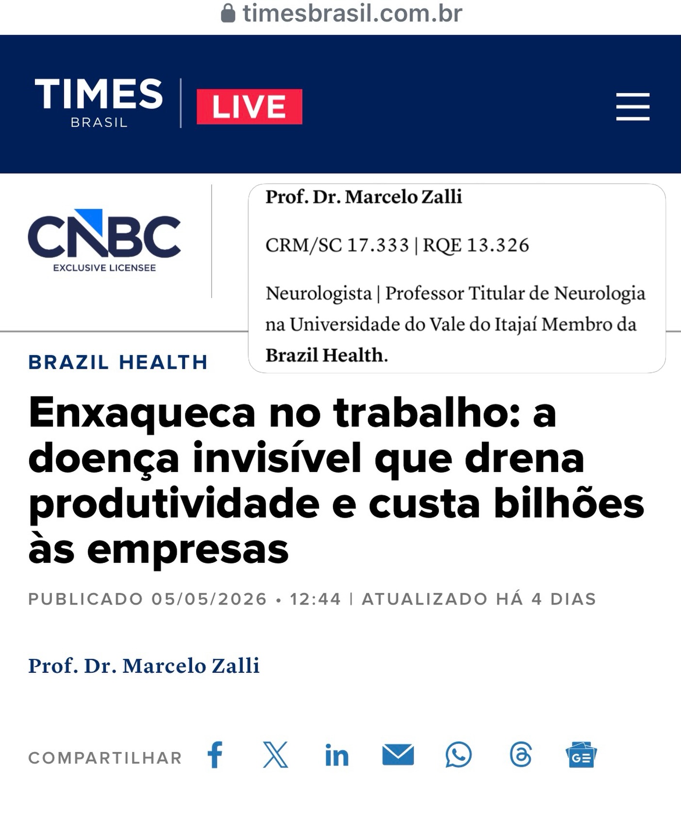 Em nossa matéria na @otimesbrasil portal licenciado da NBC Universal, abordamos neste mês de maio, mês de conscientização da Enxaqueca - maio BORDÔ, uma temática importante: Impacto laboral da enxaqueca.
A enxaqueca é uma das principais causas de incapacidade em pessoas abaixo dos 50 anos – justamente o grupo mais ativo da economia.
Durante uma crise, a capacidade de concentração cai, a tomada de decisão fica comprometida e tarefas que exigem foco se tornam difíceis de executar. Mesmo fora das crises, muitos pacientes vivem com medo do próximo episódio, o que também impacta a performance.
Ou seja, não é uma questão de esforço – é uma limitação real imposta pela doença.
Grande parte do impacto da enxaqueca no ambiente corporativo não aparece nas faltas ao trabalho, mas no chamado presenteísmo – quando o profissional está presente, mas não consegue render.
Isso se traduz em queda de produtividade, aumento de erros, dificuldade de interação com a equipe e menor capacidade de manter o ritmo de trabalho.
Somado ao absenteísmo em dias de crise mais intensa, o resultado é um custo significativo para as empresas, muitas vezes invisível nas métricas tradicionais. Ou seja enxaqueca é coisa séria e impacta na atividade de trabalho. Fique atendo a novas matérias sobre Enxaqueca no maio BORDÔ.
Dr Marcelo Zalli
Médico neurologista - crm 17333
Matéria informativa à população
#enxaquecaoff #neurologista #enxaqueca #maiobordô #drmarcelozallineurologista