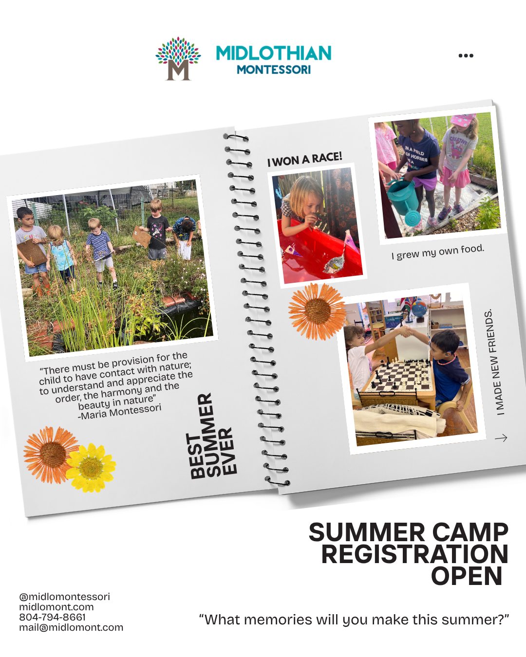Summer Camp Registration is Open. https://www.midlomont.com/summer
call 804-794-8661 or email us at mail@midlomont.com for more information
