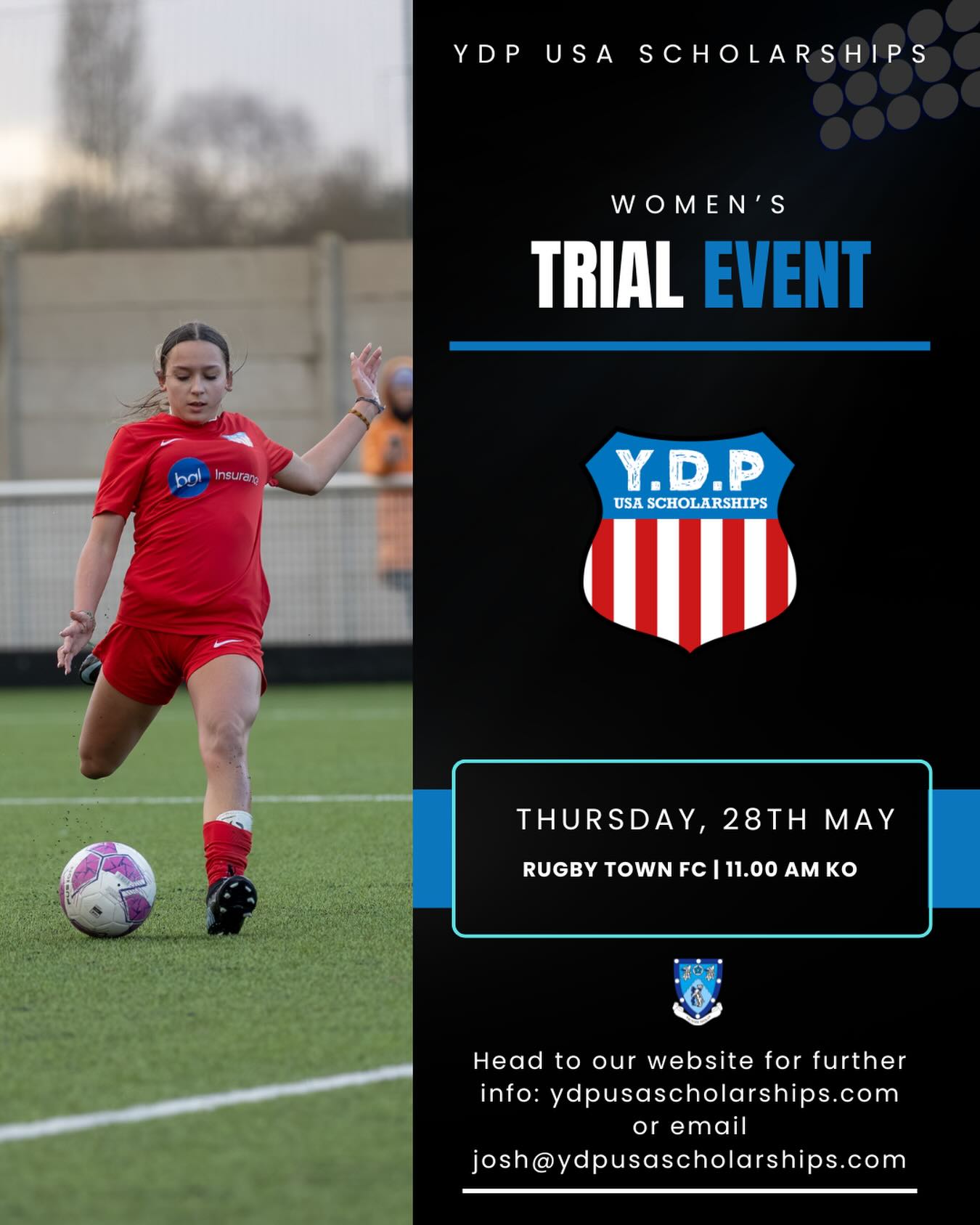 YDP USA Women’s Trial Fixture ⚽️🇺🇸
📅 Thursday 28th May
⏰ 11:00am Kick-Off
📍 Rugby Town FC
Limited spaces available, a fantastic opportunity for players interested in the US college scholarship pathway.
✅ Matches professionally filmed & photographed
✅ Content provided for US college recruitment profiles
✅ Opportunity to showcase talent in front of the YDP USA network
For player enquiries and registration, get in touch today.