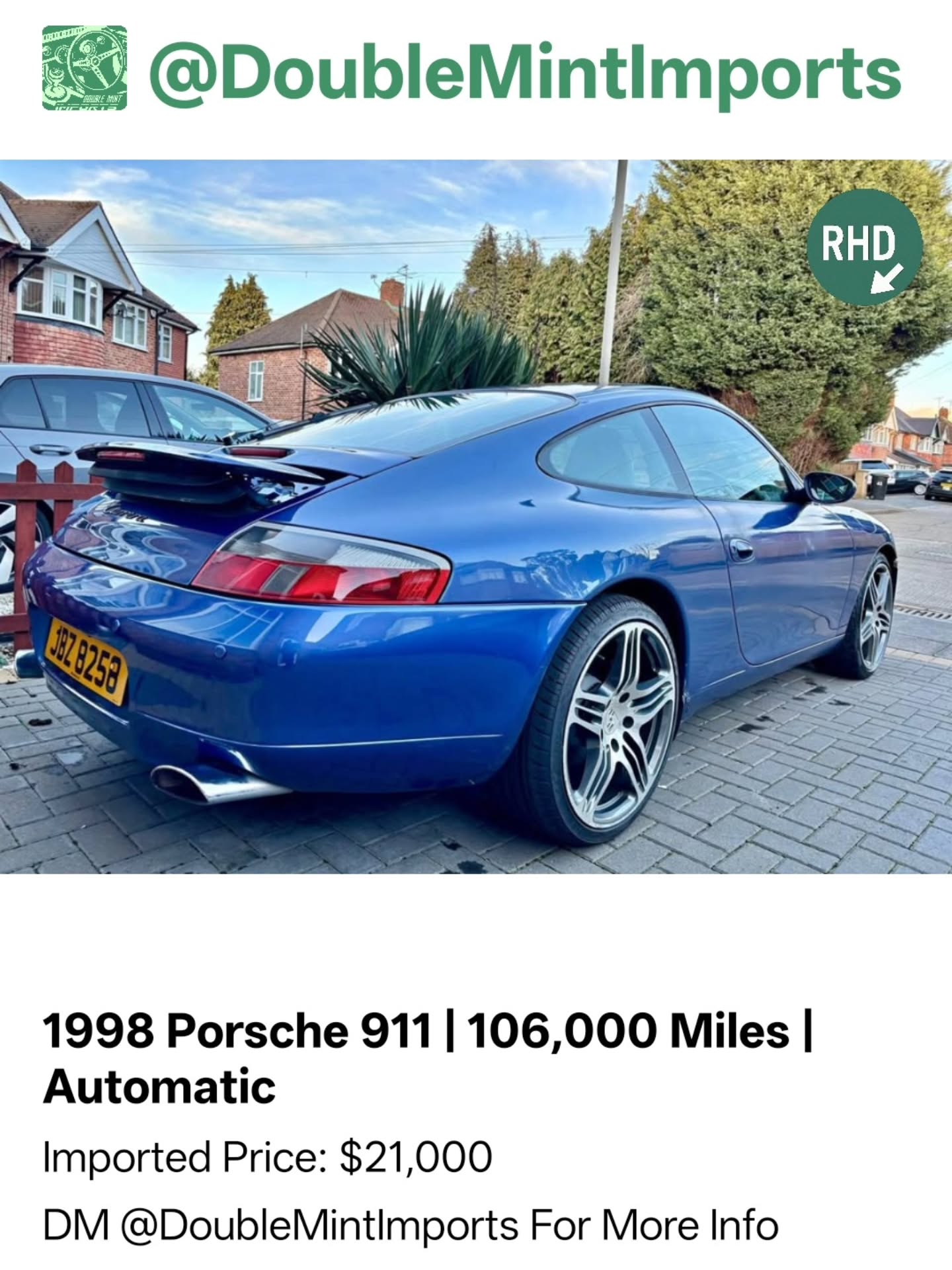 1998 Porsche 911 | 106,000 Miles | Automatic
Shipped Price(UK to NY): $21,000
(Includes All Fees: Conversion rate to USD, Shipping, Customs, UK Taxes and Admin Fees)
Mileage: 106,000
SELLERS DESCRIPTION:
1998
Porsche 911 996.1
3.4
106k
12 months mot
Very good service history with a lot of stamps in the book.
Early cable throttle car, with dual row ims, that does not often suffer with the common ims issues on the later models.
Runs and drives spot on
Recently serviced and had a set of rear lower arms fitted
997 turbo wheels
Zenith blue, not too many for sale.
Paint is not amazing on the driverside.
Small chip on the bonnet
And the door will not lock on the button but will work with the key.
Any questions, please ask.
Shes not perfect but a mechanically good, useable 911.
Random Quote: "Take the wheel, own the road."
****DM US FOR MORE INFO****
#porsche911 #porsche #friedeggs #991gt3