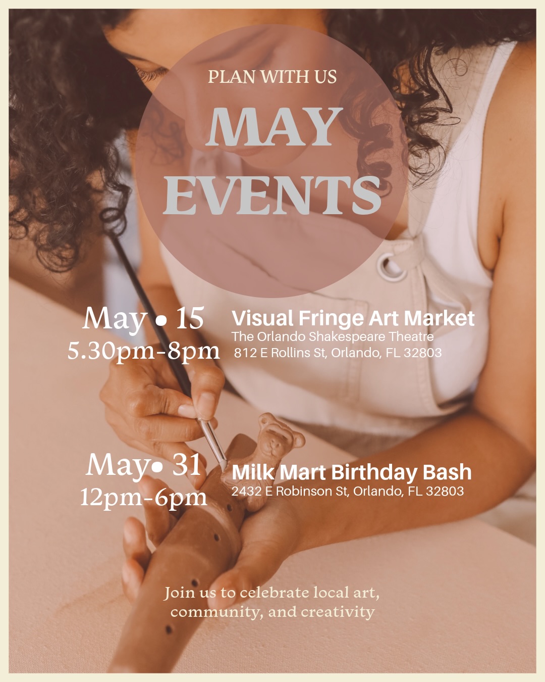 Orlando! I’ll be at two art markets this May, sharing good vibes, community energy, and handmade magic.
And yes… I’ll be debuting my new summer collection of clay instruments 😁 and… early birds get surprises 🤭
Find me here:
@visualfringe
• May 15 — Visual Fringe Art Market
5:30–8pm • Orlando Shakespeare Theatre
@milkmartorlando
• May 31 — Milk Mart Birthday Bash
12–6pm • 2432 E Robinson St
If you love local art, handmade ceramics, festival vibes, Orlando artists, shop small, and supporting the creative community, these events are for you.
Come say hi, explore, and be part of the Orlando art scene.