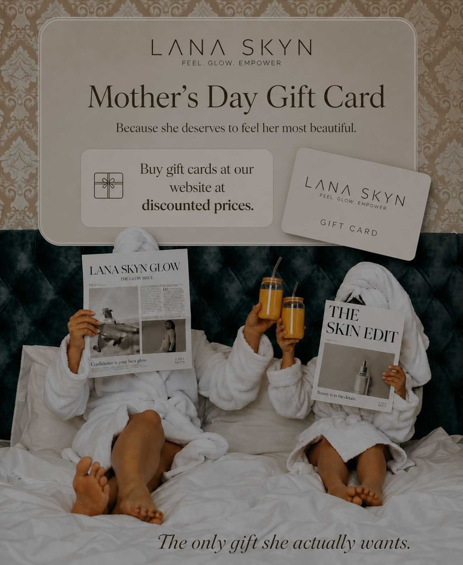 Mother’s Day is coming… and this year, it’s about more than a gift.
It’s about giving her time.
Time to relax, reset, and feel like herself again.
Lana Skyn gift cards are now available at special prices:
€25 gift card → €20
€50 gift card → €40
€100 gift card → €80
€150 gift card → €130
€200 gift card → €160
A facial. A treatment. A moment just for her.
Available now via WhatsApp, DM, or on the website.
The only gift she actually wants.