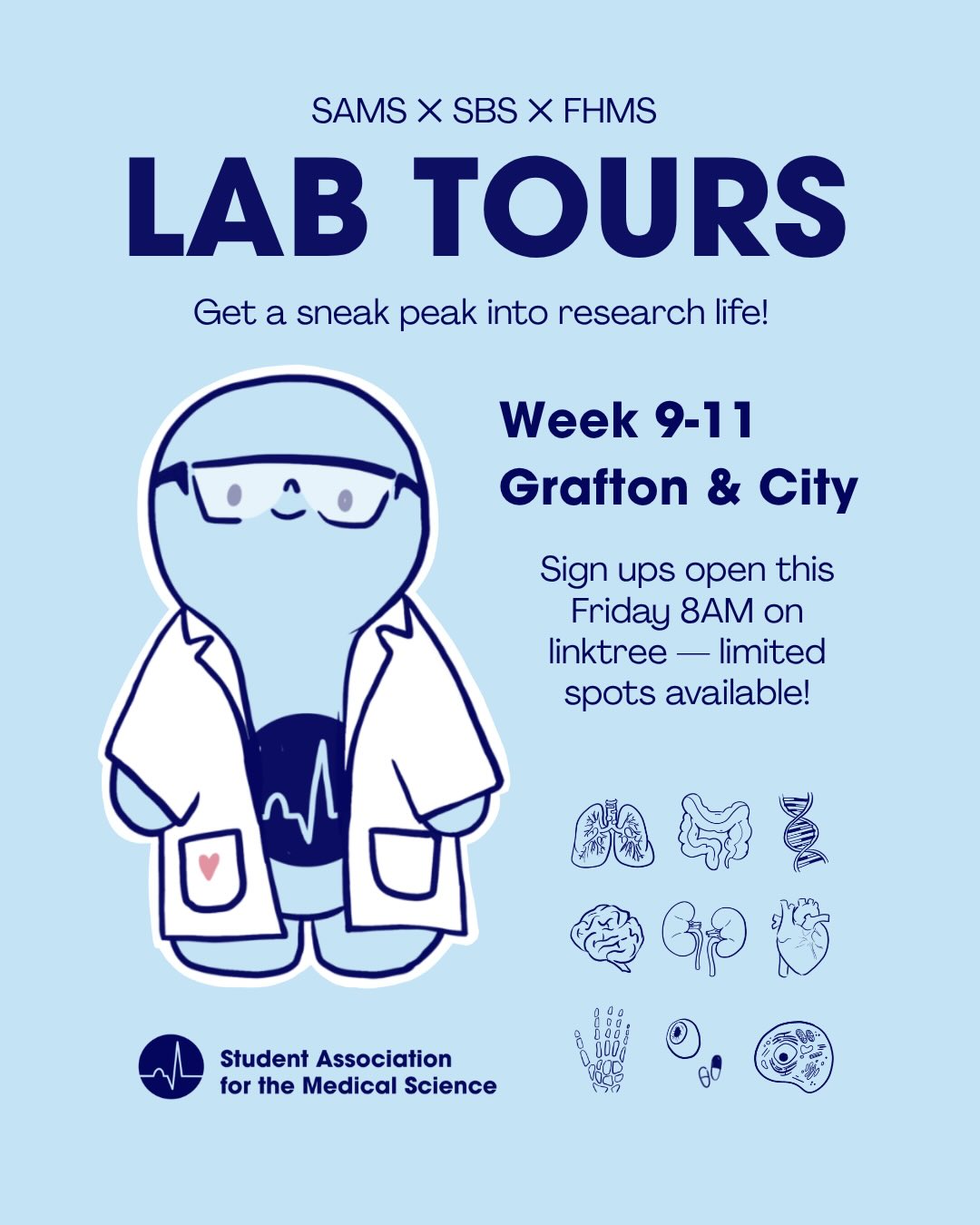Ever wondered what actually goes on behind the doors of research labs? ๐๐ฌ
๐ฆ๐๐ ๐ฆ ๐๐ฎ๐ฏ ๐ง๐ผ๐๐ฟ๐ are back for the semester! This is your chance to explore different labs, meet researchers, and get a glimpse into what life in research and postgrad could look like ๐ฅผ
Whether youโre curious about honours, postgrad, or just want to see what happens beyond undergrad, this is an opportunity you donโt want to miss ๐
Tours will be running from Week 9 up until Week 11 of this semester!!
๐ฆ๐๐๐ก ๐จ๐ฃ๐ฆ ๐๐ฅ๐ ๐ข๐ฃ๐๐ก๐๐ก๐ ๐ง๐ข๐ ๐ข๐ฅ๐ฅ๐ข๐ช ๐๐ง ๐ด๐๐ so get in quick as spots are limited and it is ๐๐๐ฅ๐ฆ๐ง ๐๐ก ๐๐๐ฅ๐ฆ๐ง ๐ฆ๐๐ฅ๐ฉ๐๐. Also please be mindful of others and sign up to NO MORE than two researchers, thank you!!