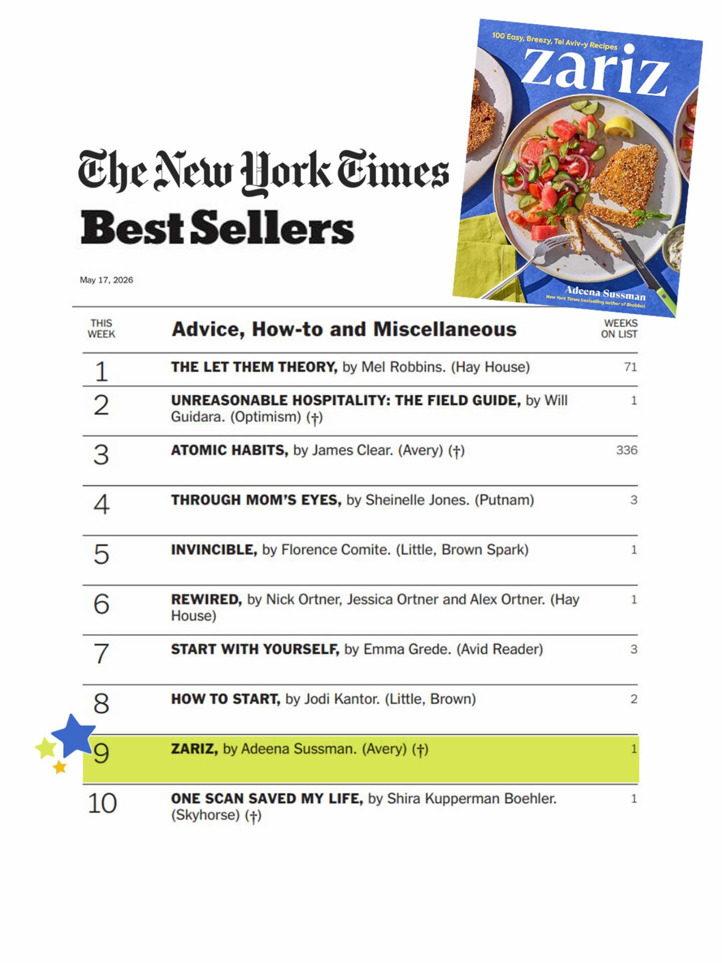 ZARIZ is a NYT bestseller!
The cookbook that could, powered by the best community (you) and creative partners/family (photographer @danpdanp and stylist @nuritkariv_ ) and publisher (Avery books) in the world. Grateful, especially in these times, to do this dreamy job with incredible people, even when it’s hard. And seeing the Hebrew title of my book right there on that list? Priceless. WE DID IT!