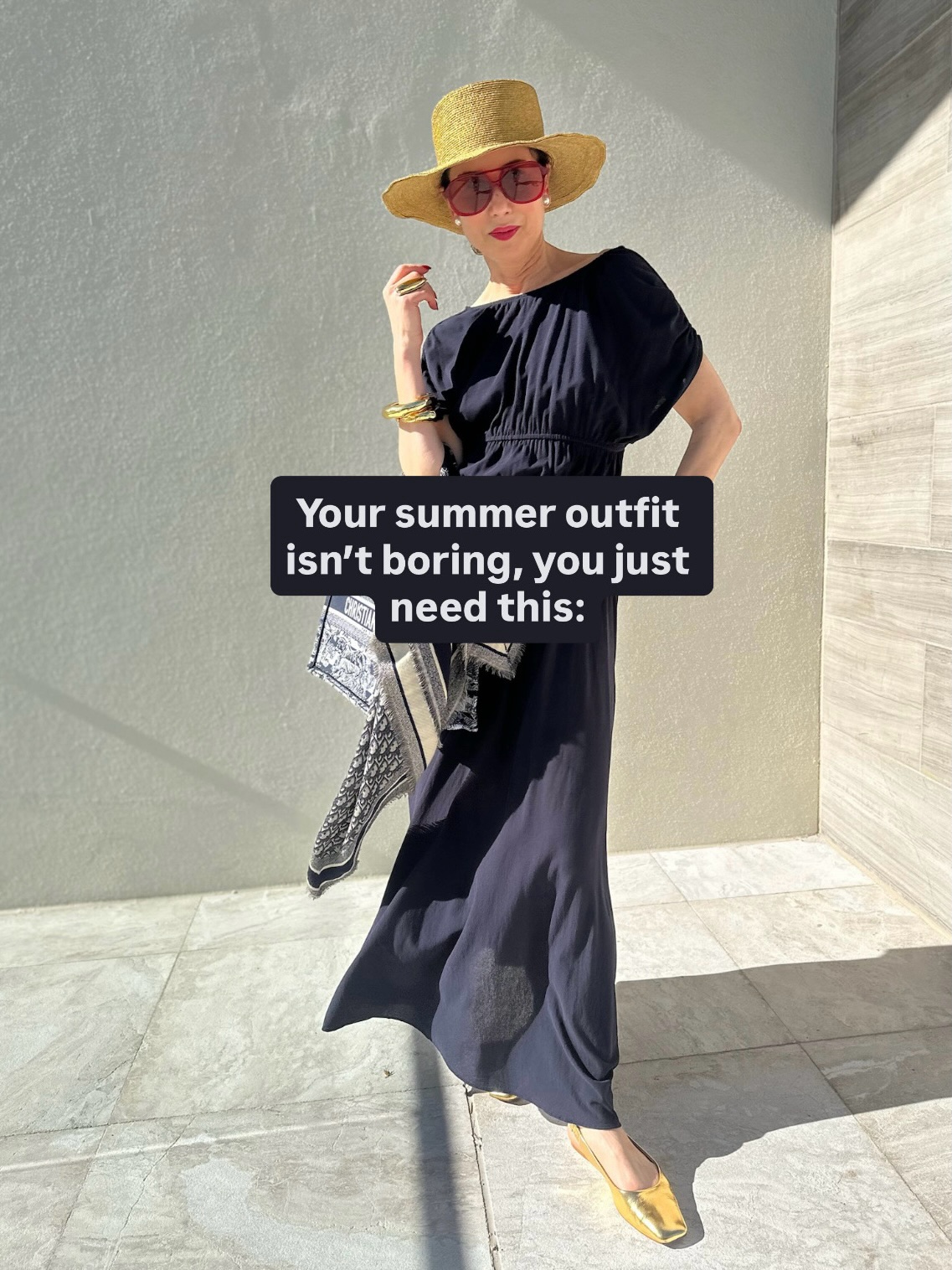 Comment the word SUMMER and I’ll send you my favorite summer pieces!
Summer doesn’t have to be uncomfortable or boring. Navy dress, Dior on my arm, gold on my feet, and a hat because the sun is not about to ruin this face. Little tweaks make you stand a little taller and walk a little slower. Like you have nowhere to be but you look like you’re going somewhere important. Vacay fashion.