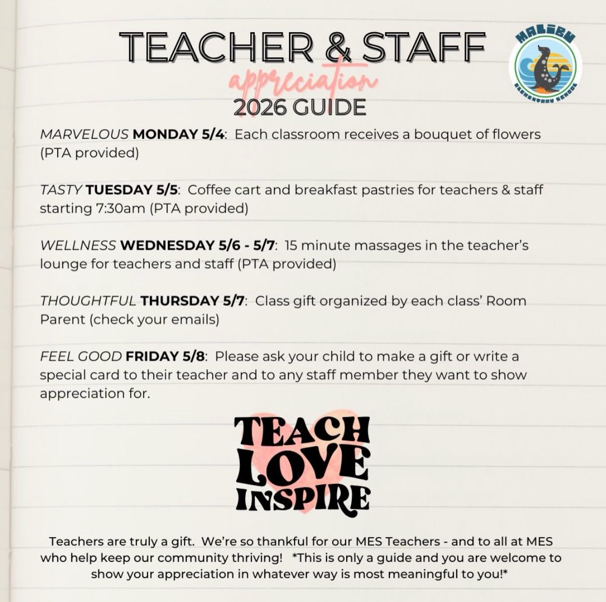 💐 Teacher Appreciation Week is here! 💐
The PTA is so grateful for our incredible MES teachers and staff — and thanks to your generous donations, we’ve taken the guesswork out of the whole week. Check out the guide for everything our committee has planned!
✨ Friday reminder: please help your child make a small gift or write a sweet note to bring to school. A handmade thank-you goes a long way. 💌