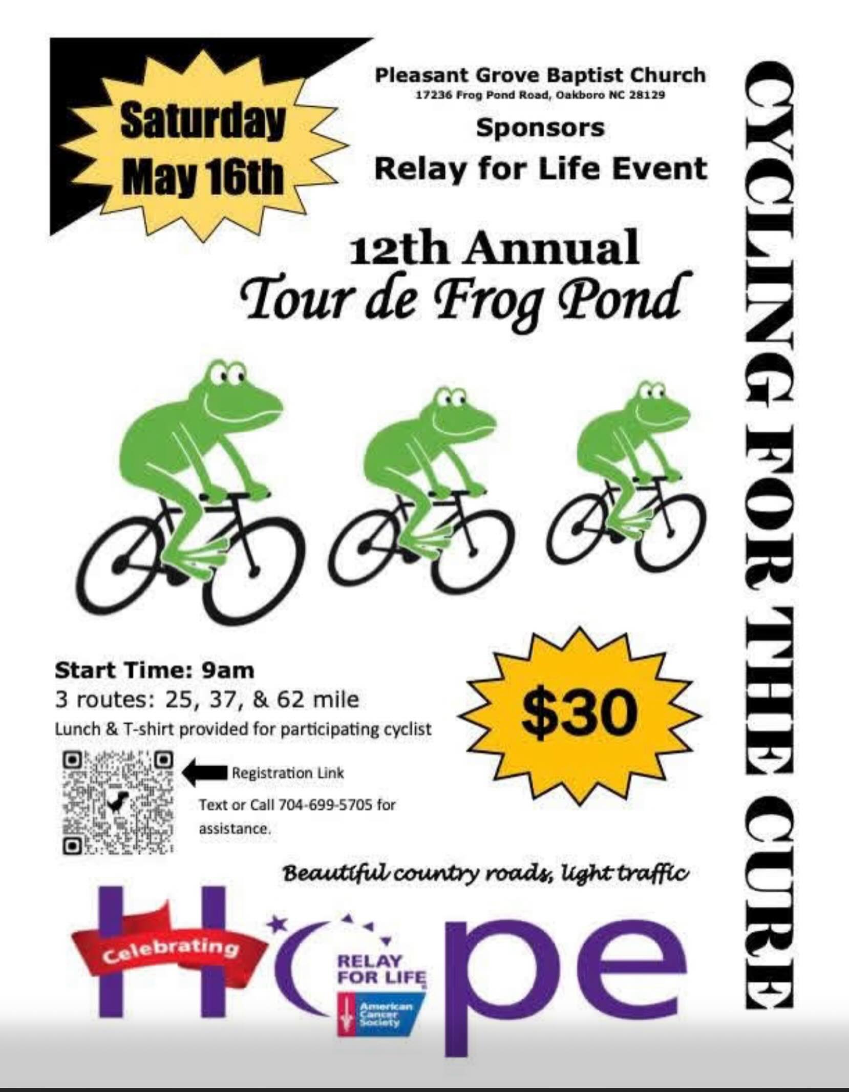 Mark your calendars for Saturday May 16!
We hope to see you out in a couple of weeks for a great event put on by great folks who happen to cook great food. 😃. Please register and come out to support a great cause. Great roads, great folks, great times!! Besides, what better ride bae is there than the Tour de Frog Pond?? Reach out if you have any questions! See you in the 16th!