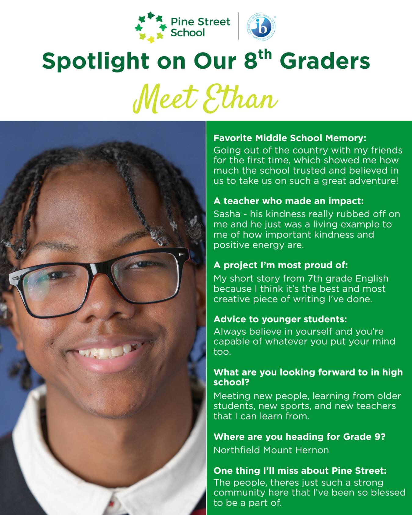 A writer, an adventurer, and someone who truly embodies the Pine Street spirit. This grad is heading to Northfield Mount Hermon carrying the kindness and community of this school with them. We’re so proud!Congratulations 💚 #PineStreetProud #MiddleSchoolGrad #boardingschool #northfieldmounthermonschool