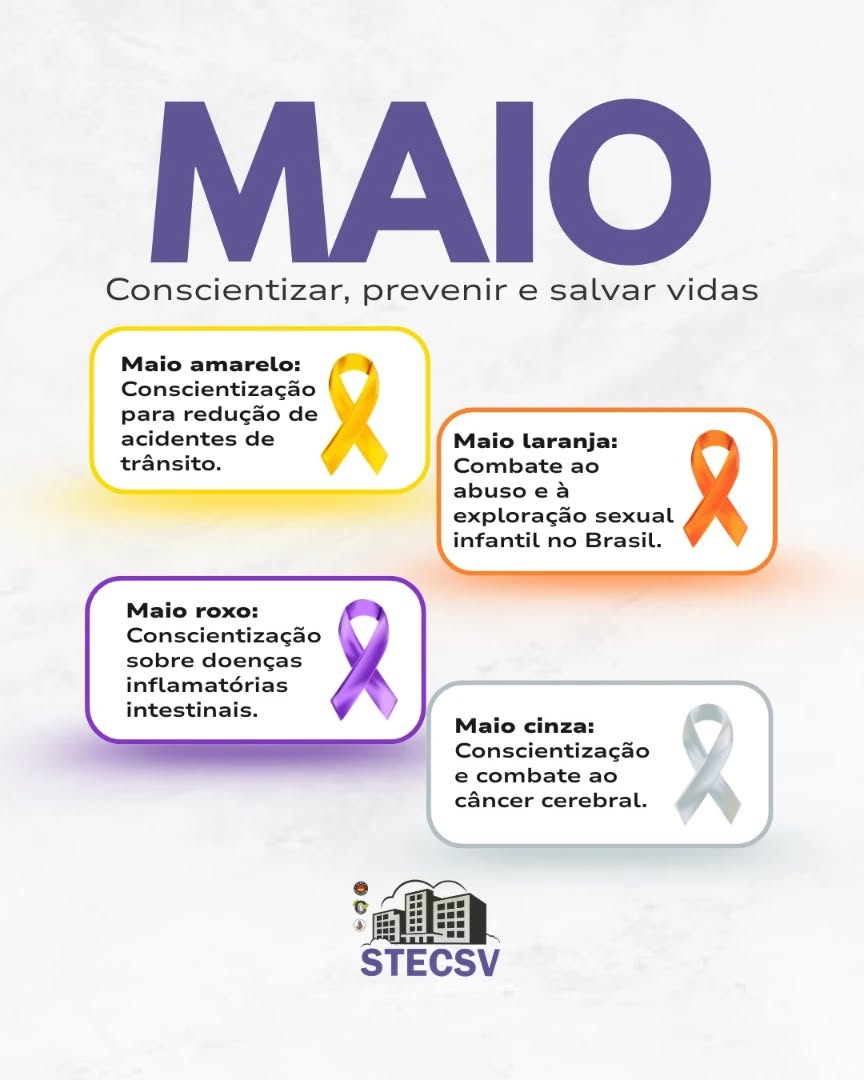 💜 Maio é o mês da conscientização, da prevenção e do cuidado com a vida! 💛🧡🤍
Cada cor representa uma causa importante que merece atenção, respeito e apoio:
💛 Maio Amarelo - Conscientização para redução de acidentes de trânsito.
🧡 Maio Laranja - Combate ao abuso e à exploração sexual infantil.
💜 Maio Roxo - Conscientização sobre doenças inflamatórias intestinais.
🤍 Maio Cinza - Conscientização e combate ao câncer cerebral.
Informação salva vidas. Compartilhar conhecimento também é um ato de cuidado! 🙌
O STECSV apoia todas as campanhas que promovem saúde, segurança, proteção e qualidade de vida para toda a sociedade. ✨
#MaioAmarelo #MaioLaranja #MaioRoxo #MaioCinza #Conscientização Prevenção Saúde Segurança STECSV