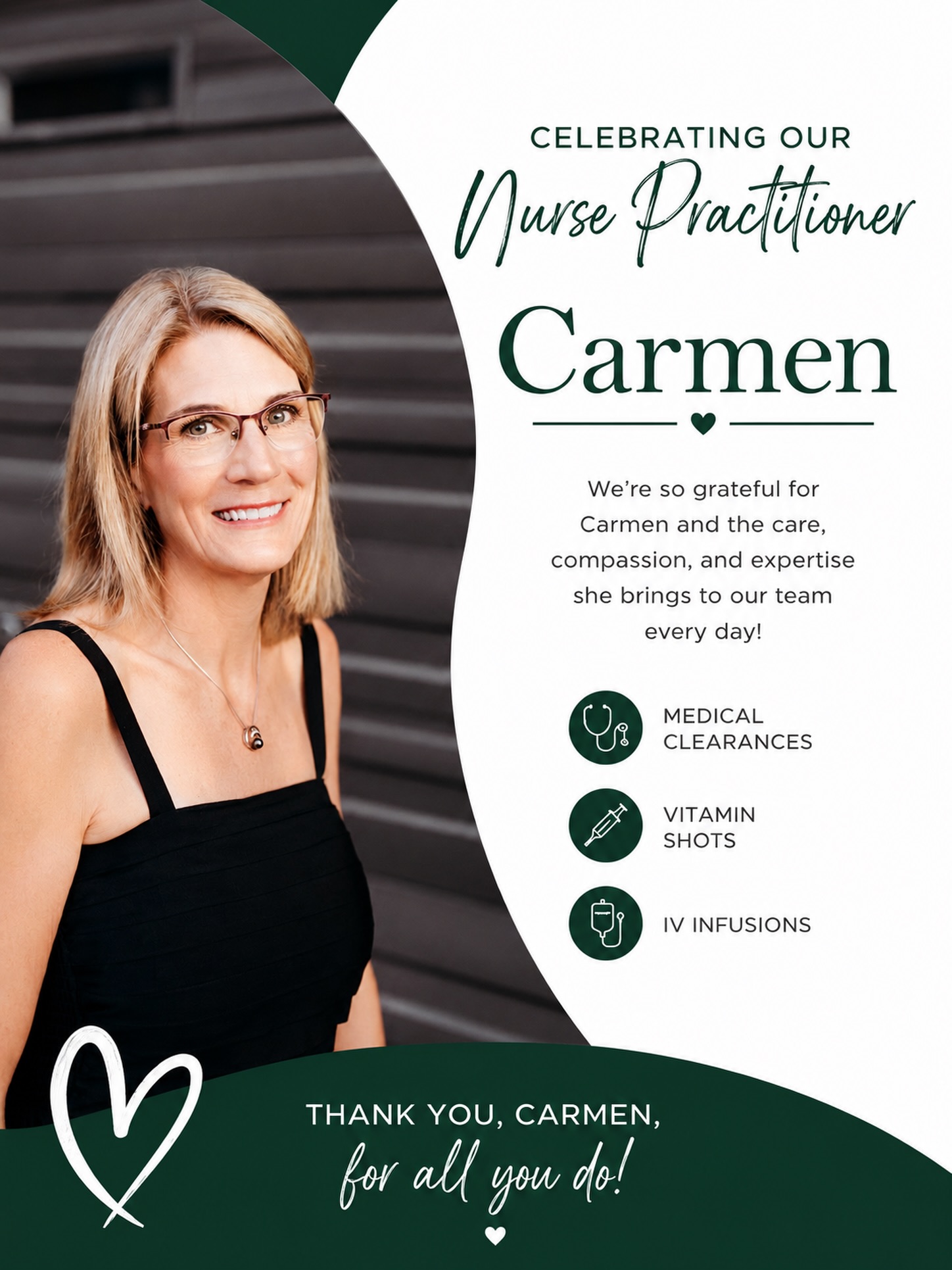 Happy Nurses Week to our NP, Carmen 🤍
We are so thankful to have Carmen as part of the Vybrance team. From medical clearances to vitamin shots and IV infusions, she helps make sure our patients feel safe, cared for, and comfortable every step of the way.
Her calm presence, kindness, and knowledge never go unnoticed and we are lucky to work alongside her every day. ✨
Thank you, Carmen, for all that you do for our team and our patients!