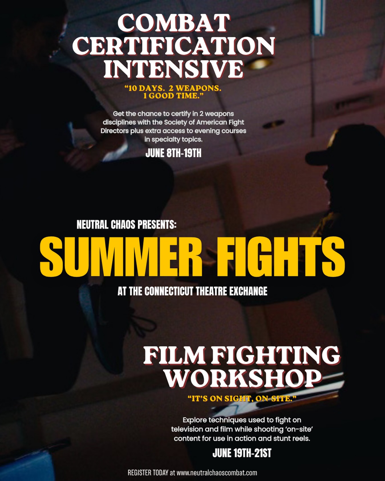 DON'T MISS YOUR CHANCE to fight with us this summer!! Come join Neutral Chaos at the Connecticut Theatre Exchange for 10 days of intensive training in not one, but TWO SAFD weapons disciplines! Follow it up with 2(.5) days of a crash course in film fighting technique, complete with on-site application of these new skills!
Sign up for both of these workshops for a reduced price with code 2XFUN2026!
Head to the website linked in our bio for details! Snag your limited spot today!