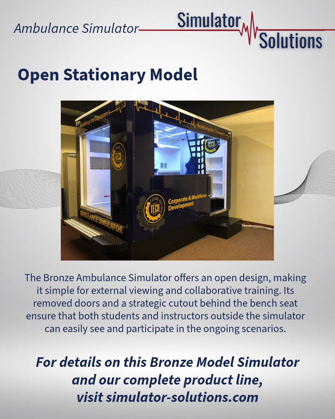 Enhanced Learning Through Open Design
The Bronze Ambulance Simulator is built for clear, collaborative learning. Our open design—featuring removed doors and a strategic bench seat cutout—means instructors and students outside the simulator can easily view and participate in ongoing scenarios.
Tap the link in our bio for more information about the Bronze Ambulance Simulator.
#SimulatorSolutions #AmbulanceSimulator #EMS #EMT #ParamedicTraining #HealthcareEducation