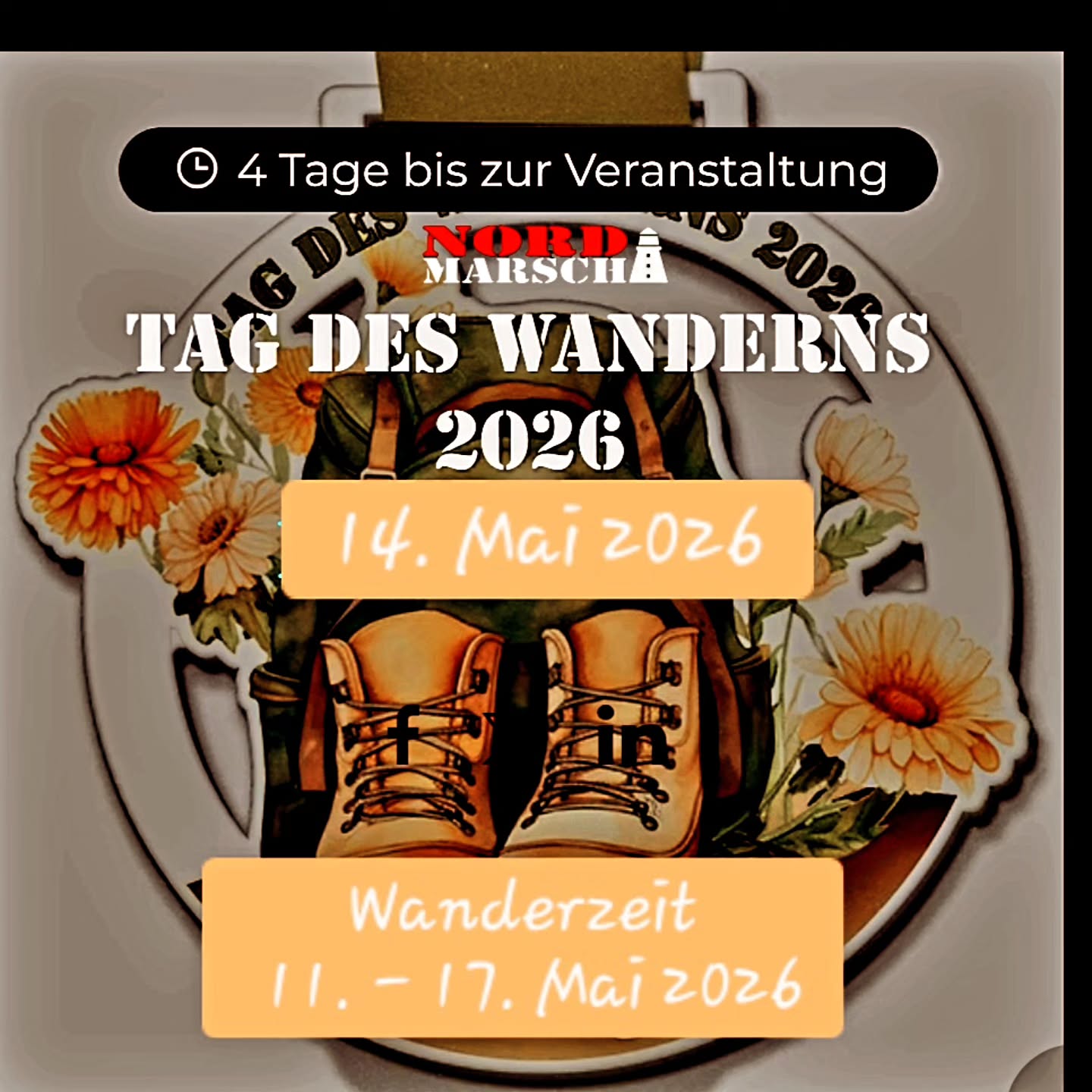 Nächste Woche ist am Donnerstag 14.Mai 2026 nicht nur Himmelfahrt & Vatertag, es ist auch Tag des Wanderns.
Deswegen haben wir dieses Jahr erstmals auch für unseren gemeinsamen Lieblingssport und eine der schönsten Freizeitbeschäftigungen eine virtuelle Challenge von Nord-Marsch gestartet, den
"TAG DES WANDERNS 2026".
Da eine Woche Wandern siebenmal soviel Spaß macht, geht der Zeitraum zum Sammeln der Kilometer vom
11. - 17.Mai 2026.
Und wie der Zufall es will, am 16.Mai 2026 findet unsere Premiere, der" 8-SEEN-MARSCH" in Preetz statt und so kannst Du auch diese Kilometer sammeln und räumst gleich zwei Medaillen in einer Woche von Nord-Marsch
für Deine Sammlung ab.
Diese Medaille soll nicht fehlen?
Information & Anmeldung unter:
www.nord-marsch.de
Eure Wanderbuddys vom Team Nord-Marsch
#tagdeswanderns #challengeaccepted #medaille @nordmarsch #wandernistmeinsport #wandernmachtglücklich