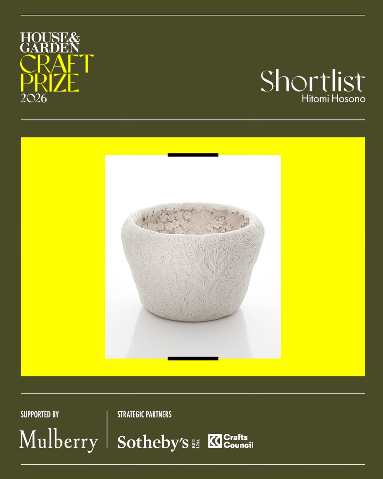 I’m thrilled to be nominated for the House & Garden Craft Prize 2026. Many thanks @houseandgardenuk
The 2026 House & Garden Craft Prize is supported by @mulberryengland , with strategic partners @sothebys and @craftscouncil. The finalists’ exhibition will be on view for public display at Sotheby’s Mayfair from 11–17 May during London Craft Week @londoncraftweek.
Many thanks for the great support @adrian_sassoon_gallery
Photo by @sylvaindeleuphotographer
#houseandgardenmagazine #hitomihosonoceramics #porcelain#natureinspired #crafts