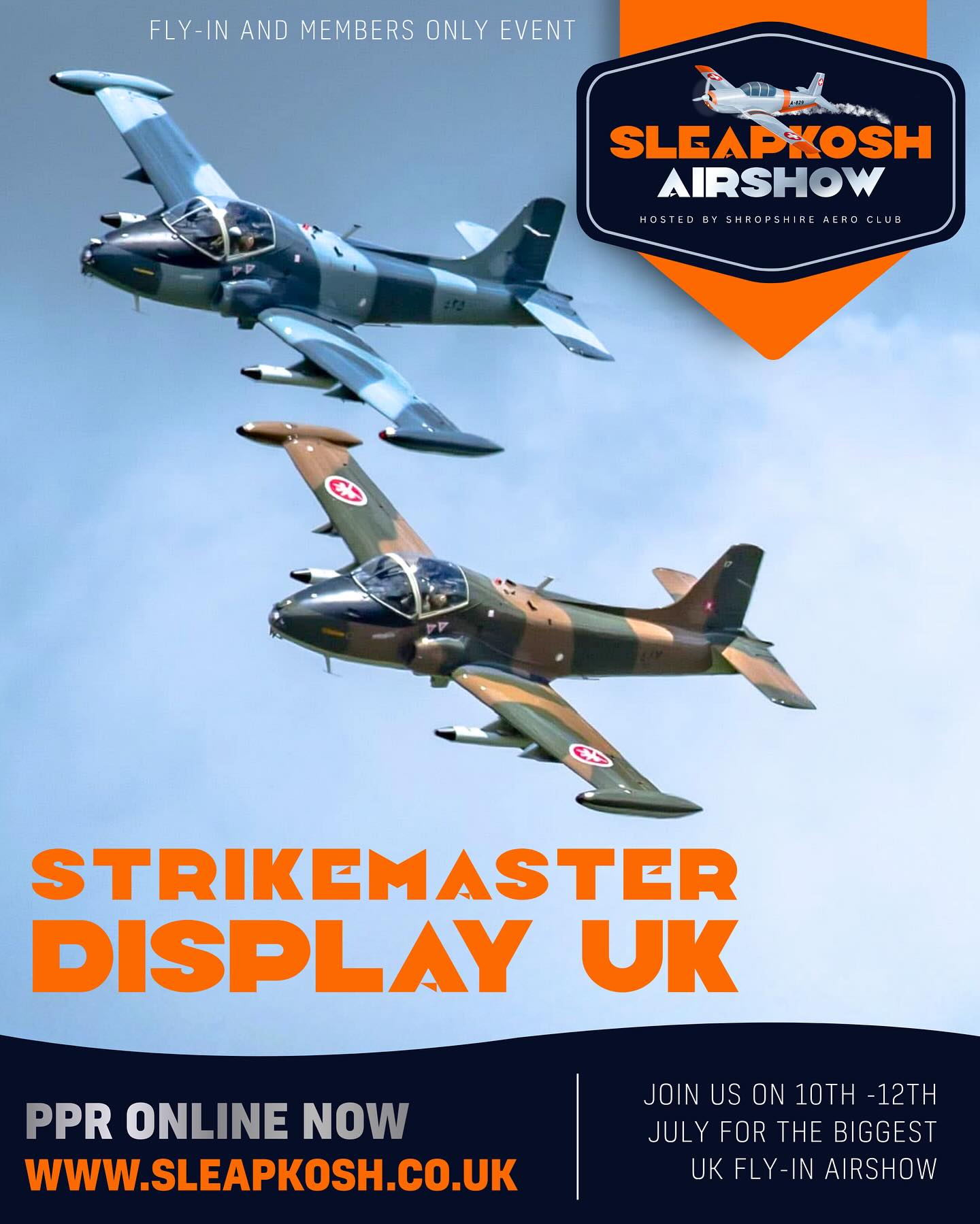 Bringing the Jet Noise to #SleapKosh this year is @strikedisplayuk with two BAC Strikemasters beating up Sleap Airfield at the SleapKosh airshow 💥
The SleapKosh Airshow brought to you by Skyfuel Aviation Fuels.
Fly in to Sleap Airfield on the 10-12th of July for what is shaping up to be the biggest GA event of year! ☀️
- Massive day & night airshow
- Biggest UK Fly-In
- Over 47 exhibiting aircraft and 50+ exhibitors and trade stalls
- Live music and beer tent
Find out more about booking your aircraft in at sleapkosh.co.uk before all the spaces go - over 60% sold already! #SleapKosh26
Member, pilot and guest event only, not open to the public.