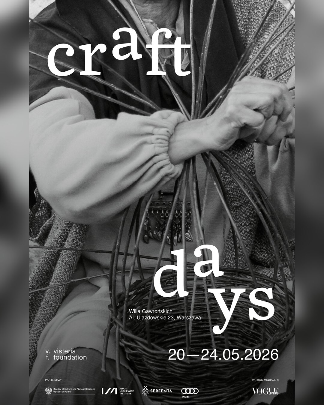 During Craft Days, the Visteria Foundation presents a curated selection of artworks that transforms the interior of the Gawroński Villa into a multidimensional setting inspired by the Polish landscape. Textiles, ceramics, glass, and installations create a surreal labyrinth in which the boundaries between art and design remain fluid.
The exhibition brings together historical works by Władysław Wołkowski and Paweł Grunert, alongside contemporary pieces by artists and designers, including works commissioned specifically for this project. A significant section is dedicated to artists selected through the Visteria Foundation’s Portfolio Review.
Presented by @visteria.foundation
Exhibition Concept by:
Eleonora Bojanowska @elleonoranora
Szymon Machnikowski @szymonmach
Hanna Rydlewska @haniarydlewska
Exhibition Design by:
Anna Szczęsny @anna_szczesny_
Bartosz Brylewski @bartbrylew
Craft Days
May 20 – 24, 2026
Gawroński Villa, Al. Ujazdowskie 23, Warsaw
Free admission
Please sign up online at visteriafoundation.pl