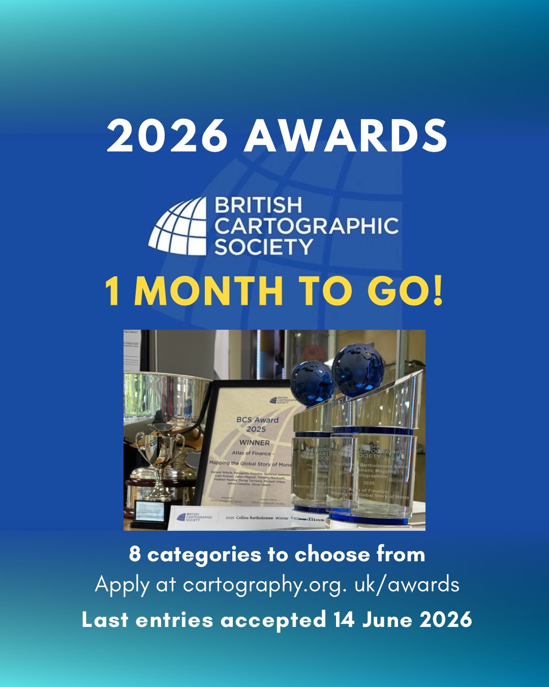 š BCS Awards 2026 š
Just 1 month to go! Entries welcome until 14th June. Thank you to all our sponsors, judging panels and supporters who make this an amazing competition to be involved in and help celebrate the best mapping in the world!
Get your entries in asap!
https://lnkd.in/d867AMC
Stanfords Travel - Collins Bartholomew - Ordnance Survey - GD3DĀ® - Dennis Maps LTD