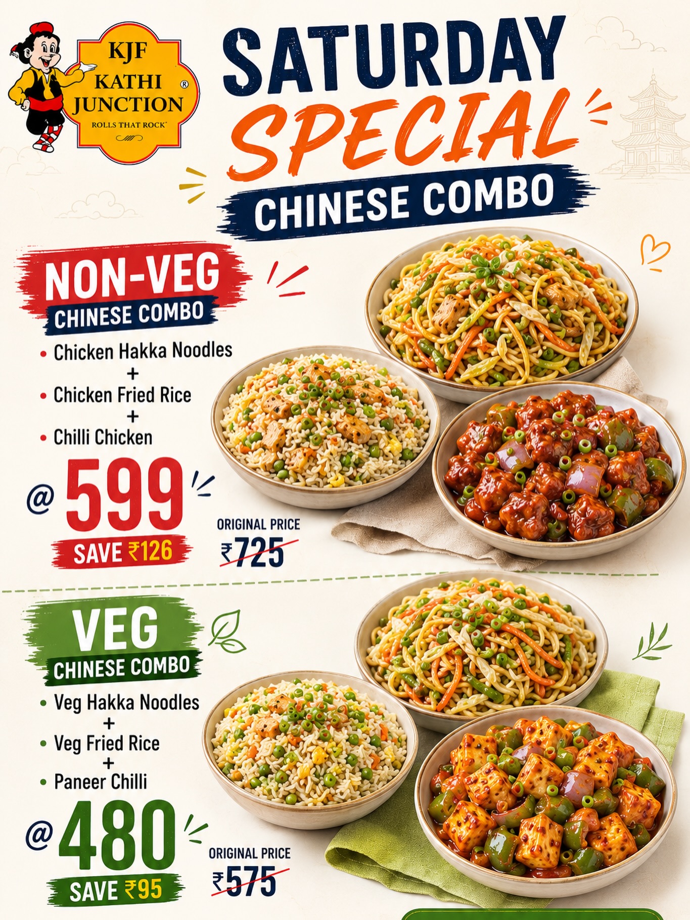 🔥 SATURDAY SPECIAL at Kathi Junction 🔥
Weekend cravings sorted with our Chinese Combo Deals 🤤
🍗 NON-VEG CHINESE COMBO @ ₹599/-
Chicken Hakka Noodles +
Chicken Fried Rice +
Chilli Chicken
❌ Original Price: ₹725
🥢 VEG CHINESE COMBO @ ₹480/-
Veg Hakka Noodles +
Veg Fried Rice +
Paneer Chilli
❌ Original Price: ₹575
Freshly Made | Hot & Delicious | Limited Time Offer
📲 Order Now on WhatsApp: 8446038526
📍 Visit Kathi Junction Today
#KathiJunction #ChineseCombo #WeekendSpecial